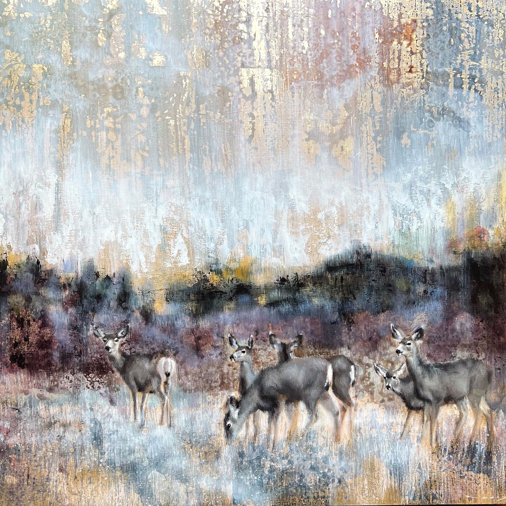 Original Acrylic Painting By Nealy Riley Featuring A Herd Of Deer Over Abstracted Landscape Background With Gold Leaf Details