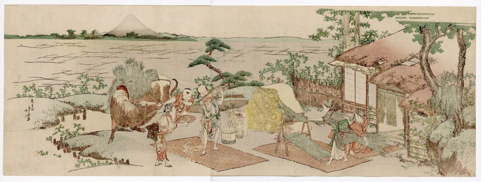 Winnowing Rice at an Ancient or Old Style Market on the Bank of a River by Hokusai