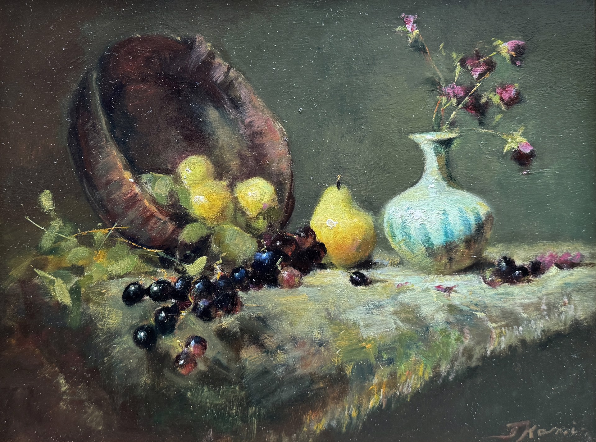 Pears with Spray Roses and Turquoise Vase by Jacqueline Kamin