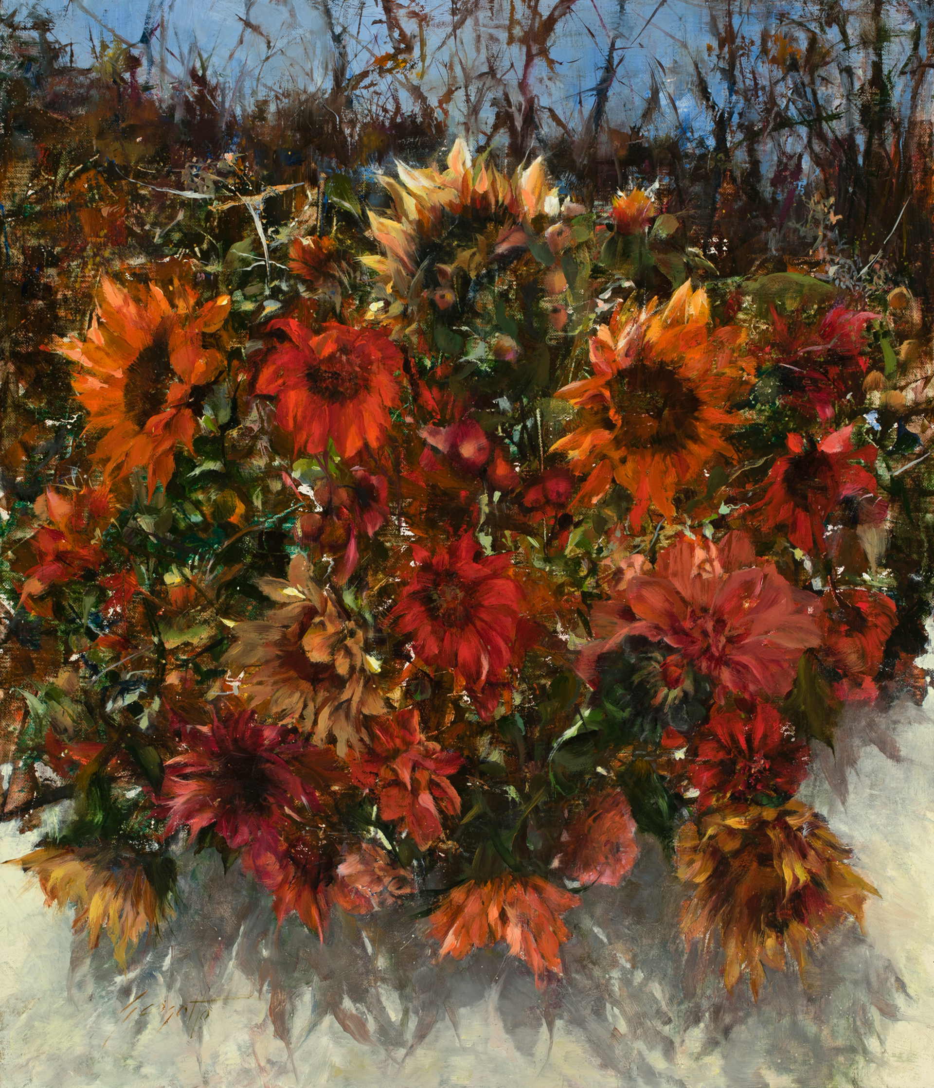 Ann Gargotto, Glorious Bouquet. A vibrant, palette-knife ground with flowers pulled from abstraction through delicate brushwork.