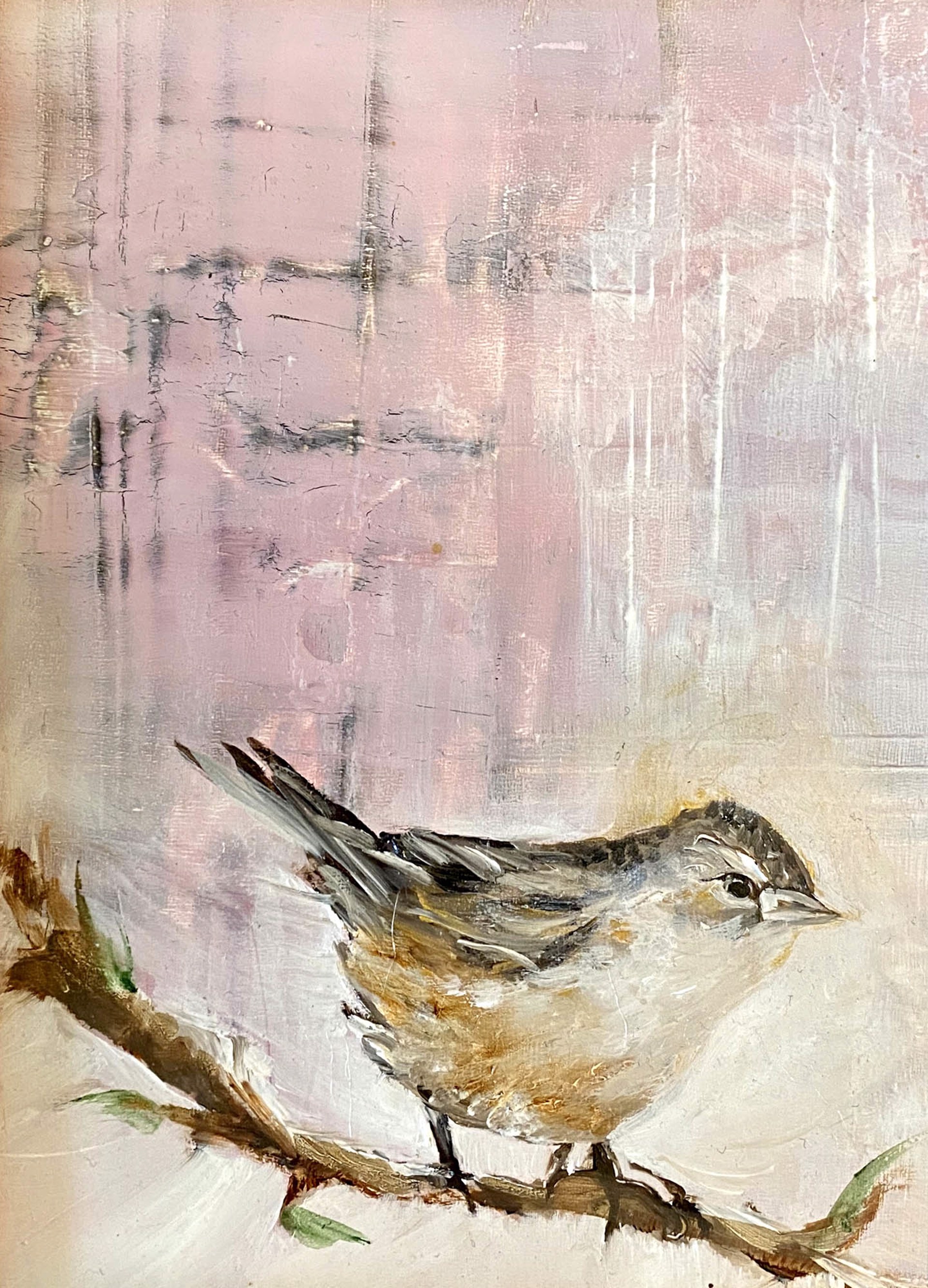 An Original Oil Painting Of A Sparrow Bird Perched On A Twig Featuring A Pink And Creme Contemporary Background, By Jenna Von Benedikt