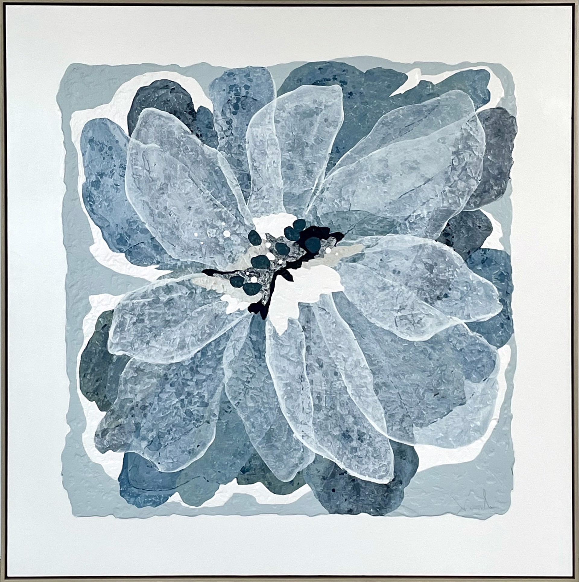 Bloom in Blue is a calm, beautiful, abstract floral painting by painter artist Vesela Baker with blue texture on a white panel.