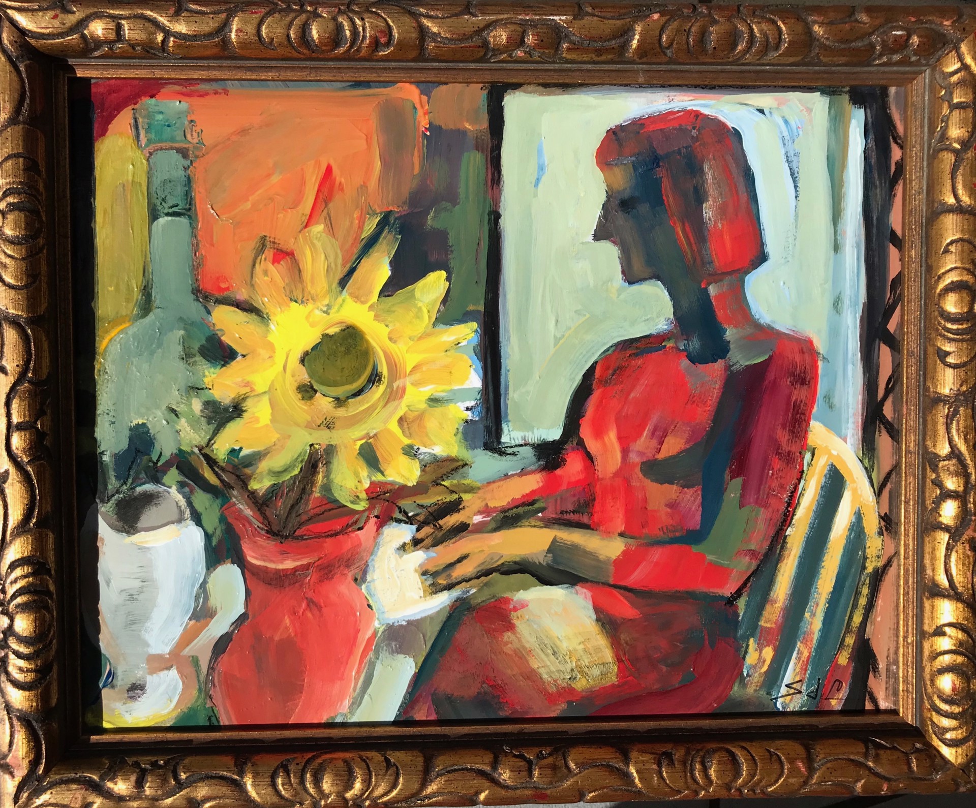 Woman With Sunflowers and Envelope by Sandra J. Campbell