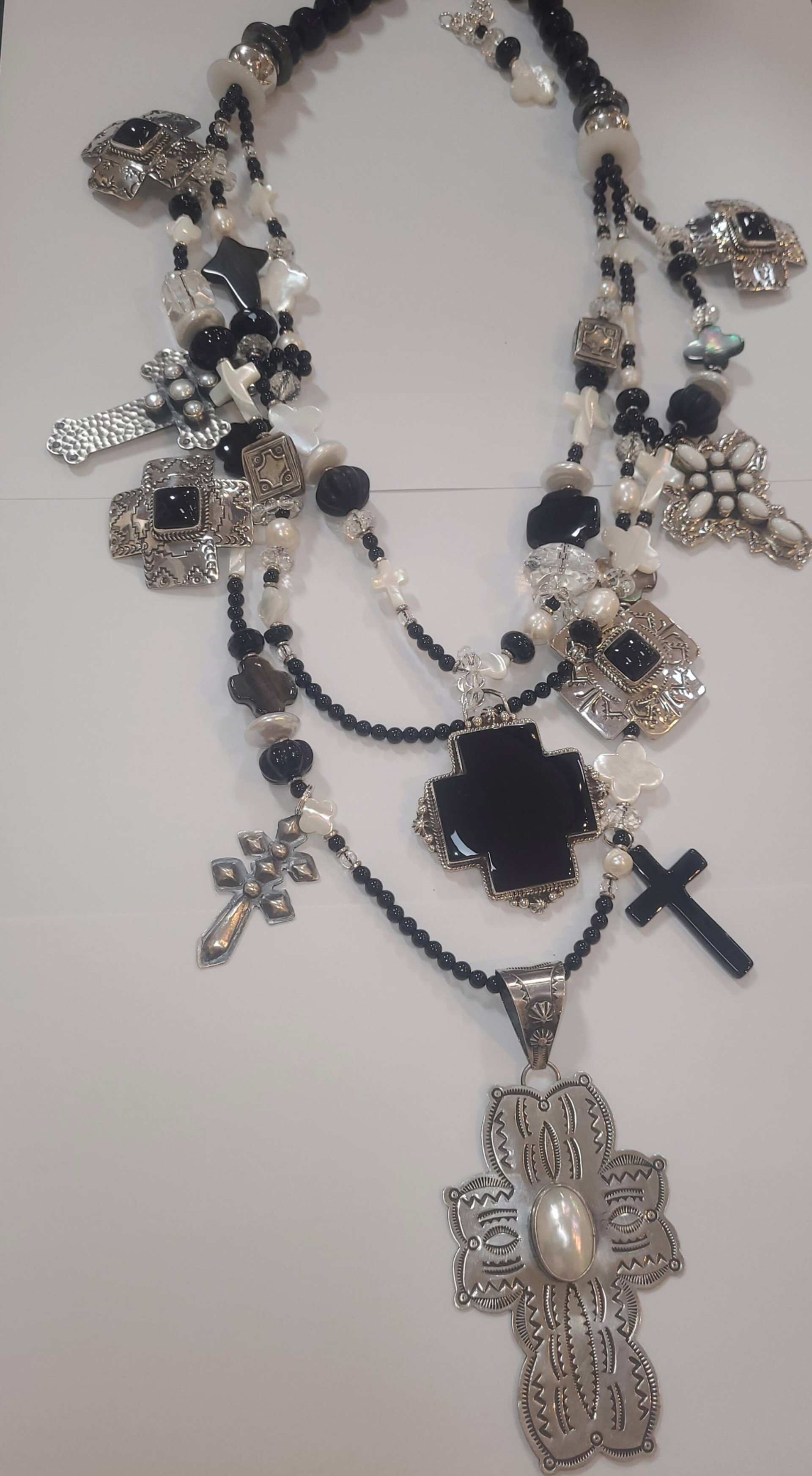 Necklace -  3 Strand Onyx and Pearl Crosses by Kim Yubeta