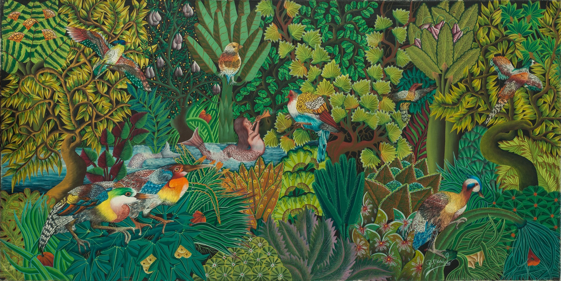 Jungle Scene With Birds#8-3-96GSN by Renold Marcelin (Haitian, b.1952)