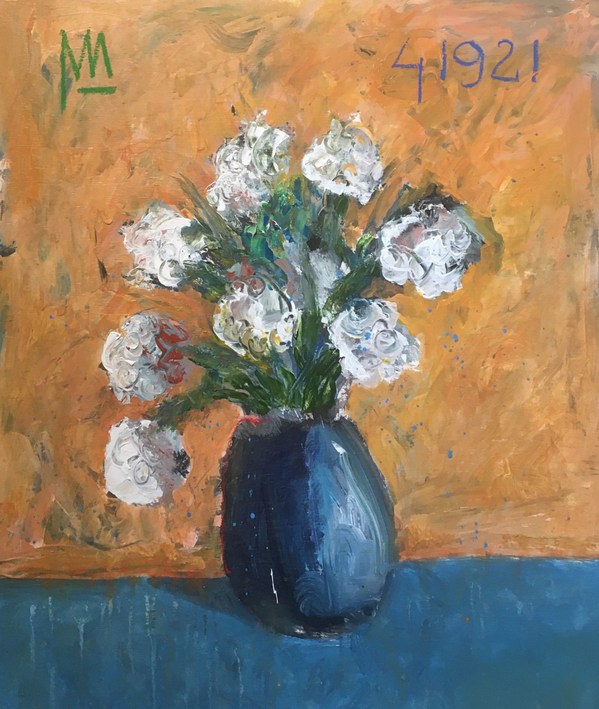 Still Life- White Flowers, Blue Vase by Michael Snodgrass
