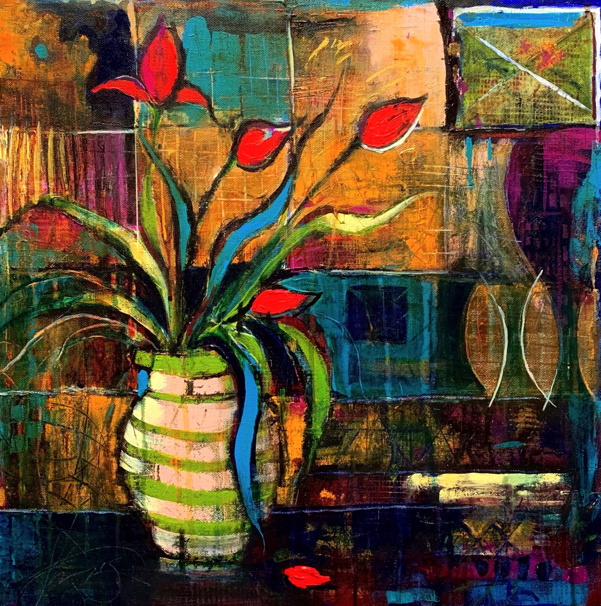 Red Tulips in a Striped Vase by Tony Sturgis