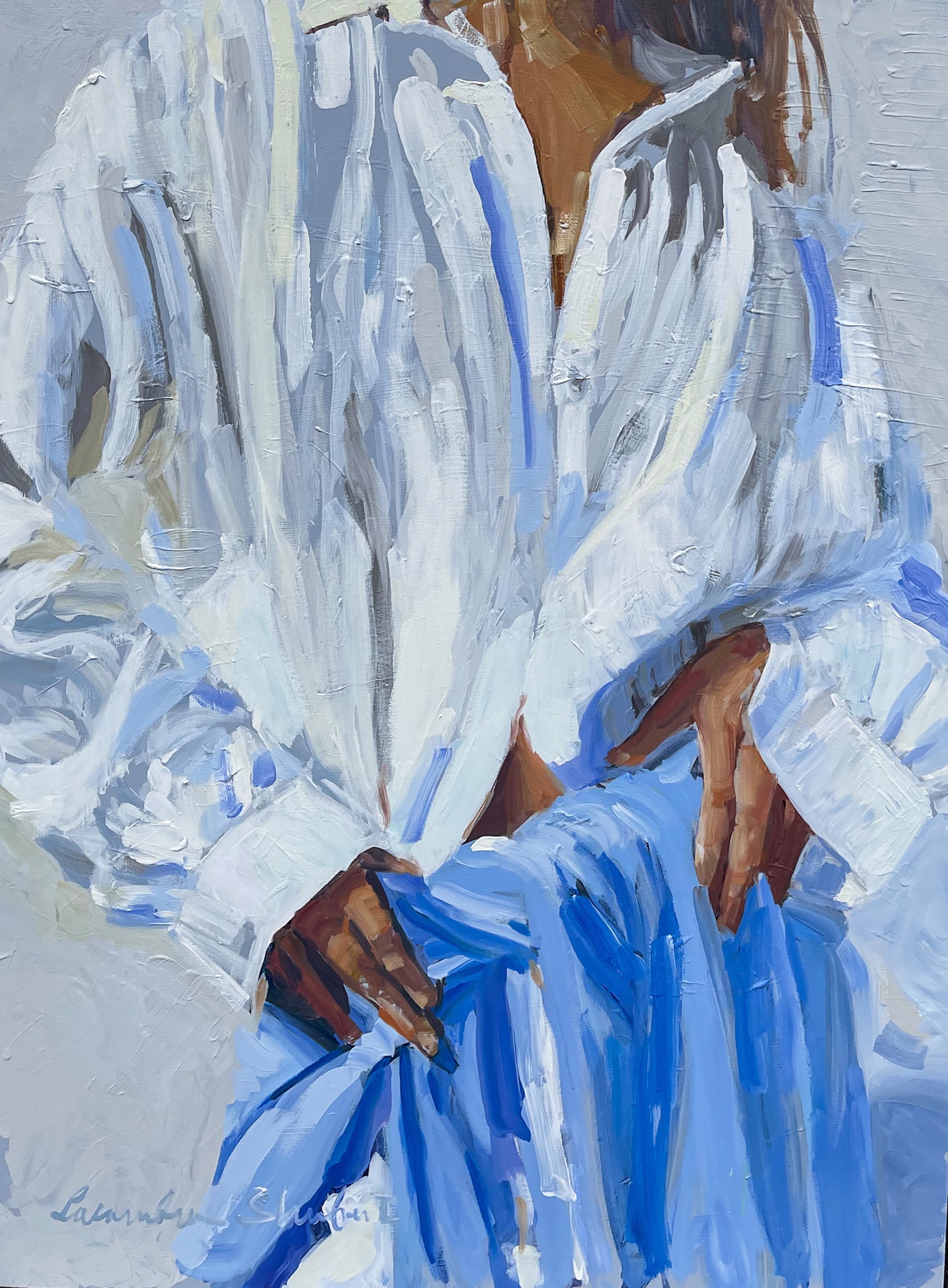 White Dress Blue Shirt by Laura Lacambra Shubert