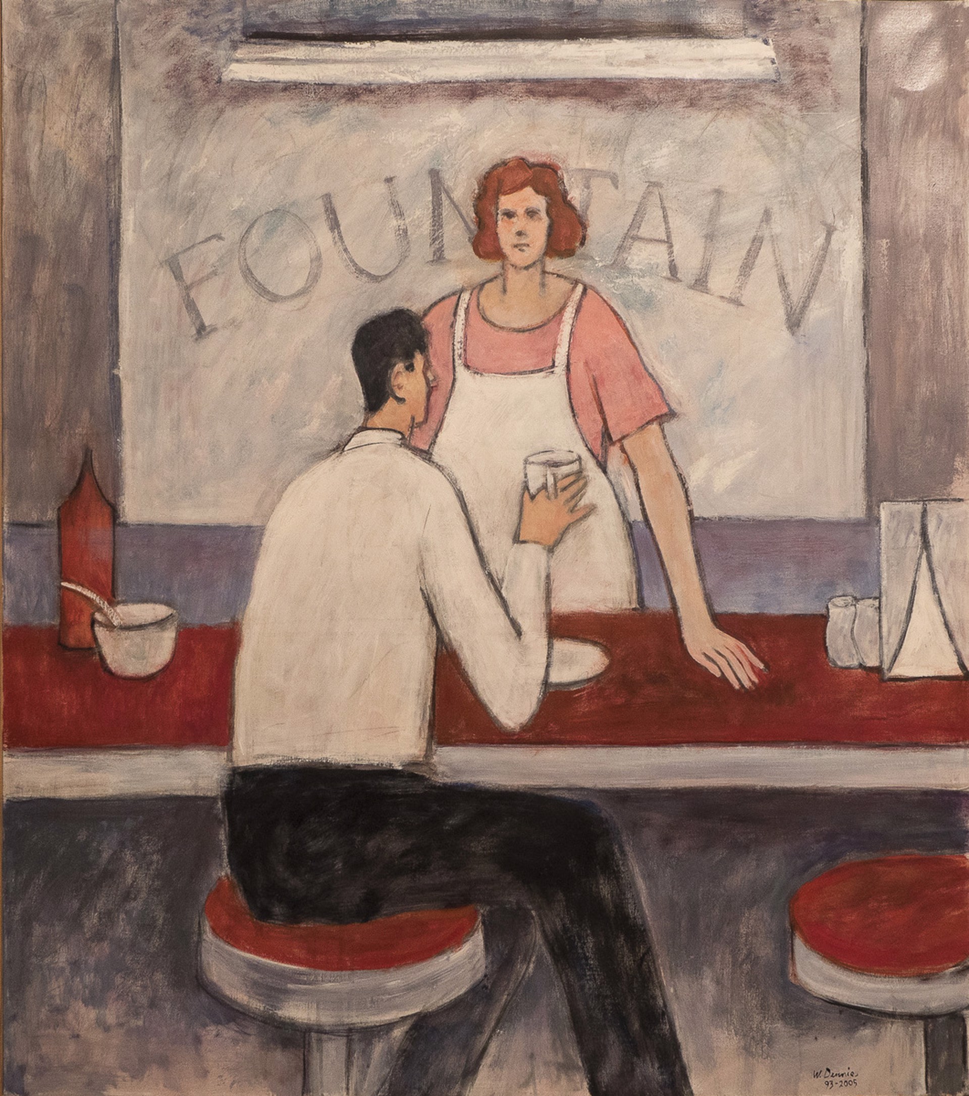 woman and man pink white red and black and gray man seated at read diner counter woman in pink shirt and apron