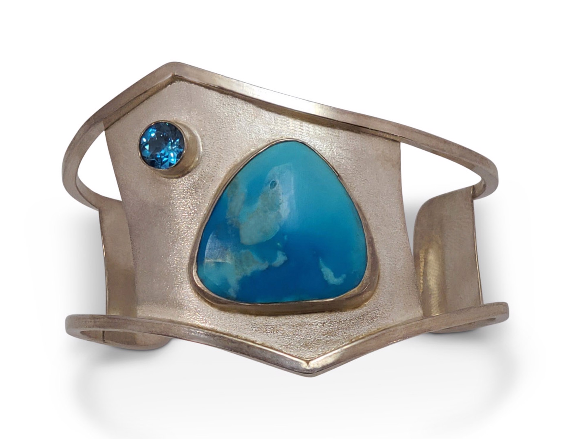 Sterling Silver Cuff Bracelet with Crysicolla and Blue Topaz, Modern Style by Leslie Eggers