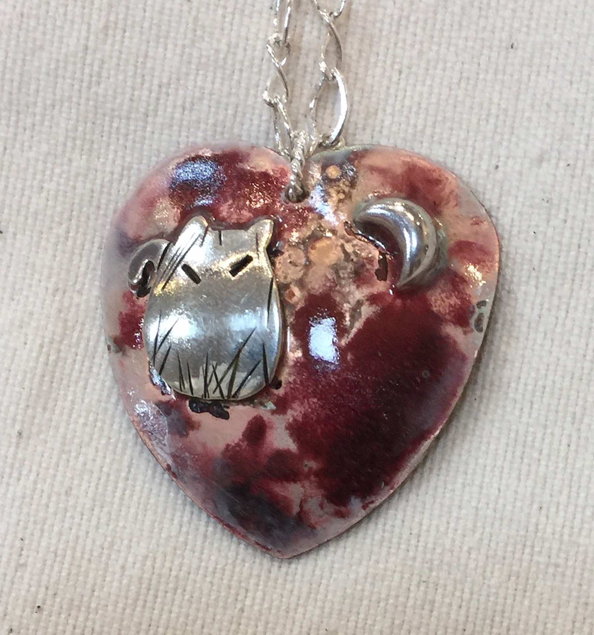 Necklace - Heart & Cat Copper With Sterling Silver  #2020 by Vesta Abel