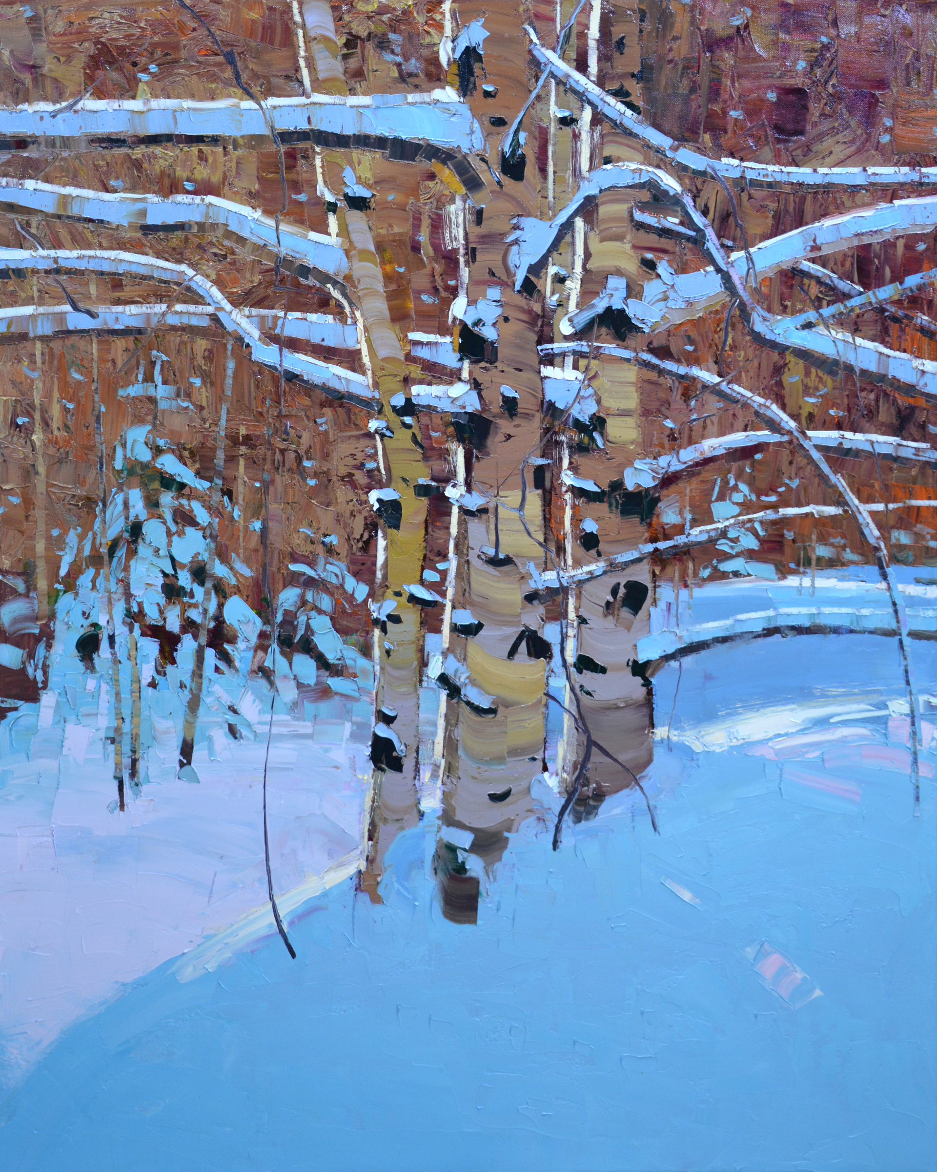 A Contemporary Fine Art Oil Painting By Silas Thompson Featuring A Winter Landscape with Aspens and Pine, Available At Gallery Wild