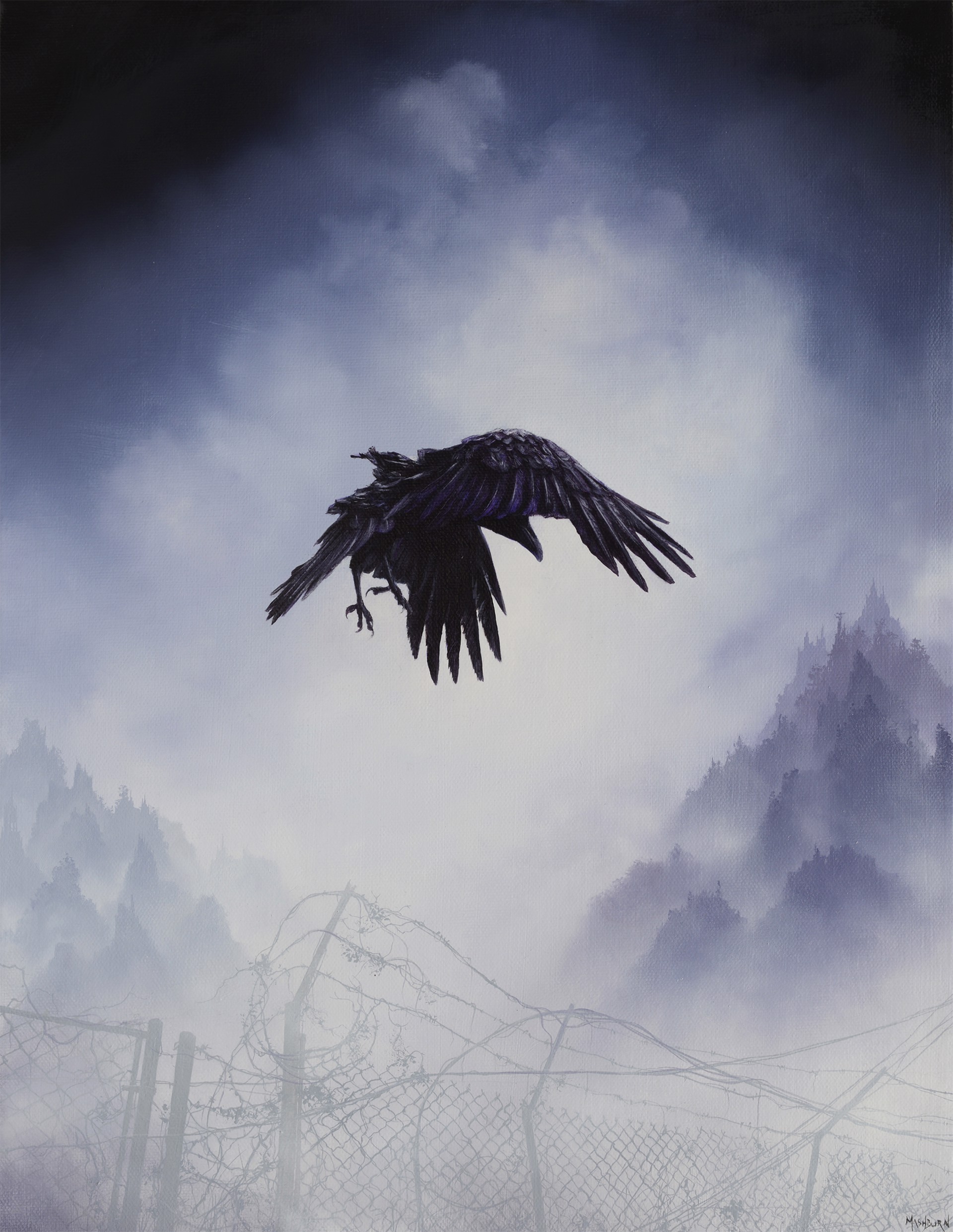 Raven Aloft Over Foggy Barbed Wire by Brian Mashburn