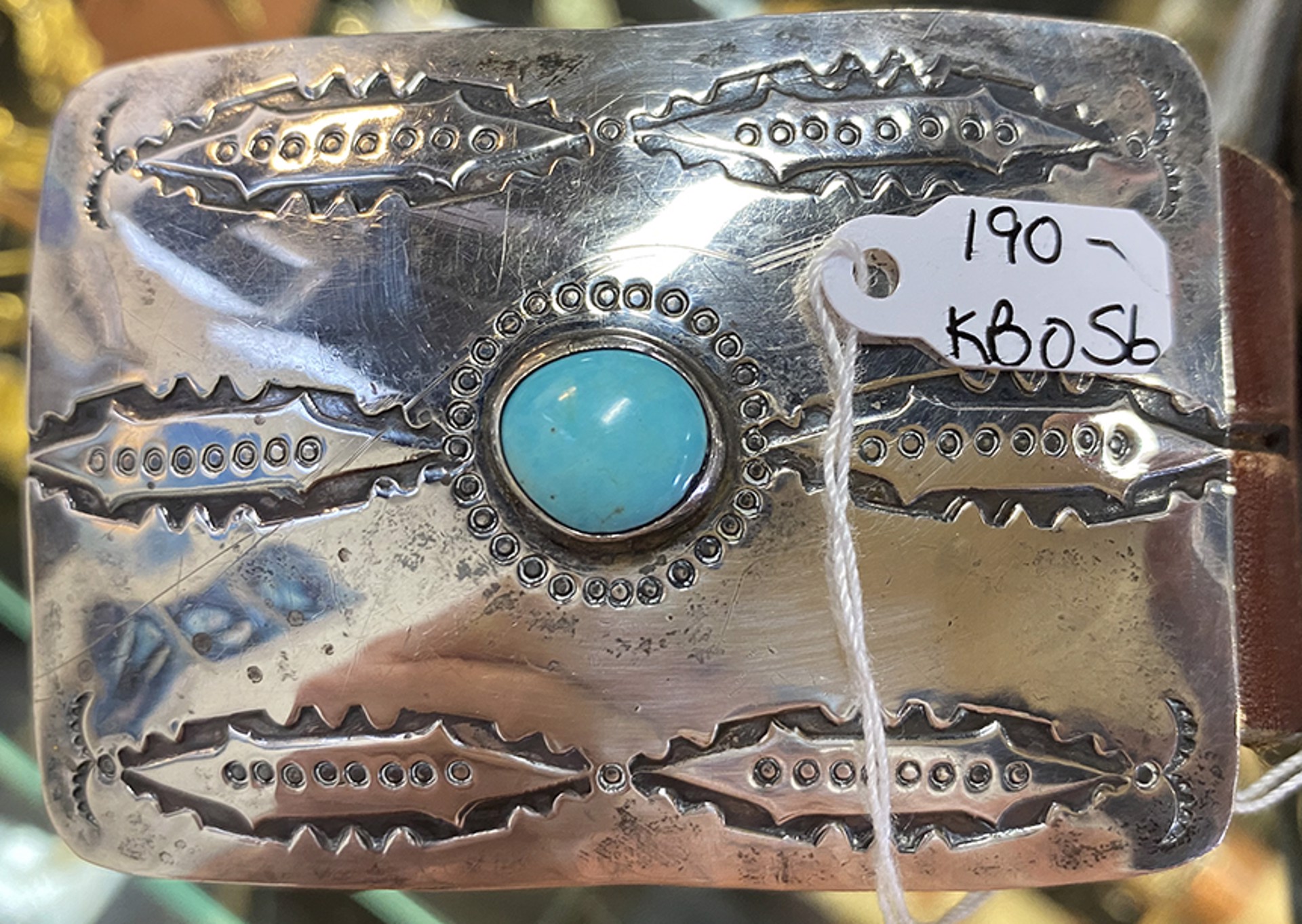 Silver/turquoise constructed, stamped design buckle KB056 by Karen Bell