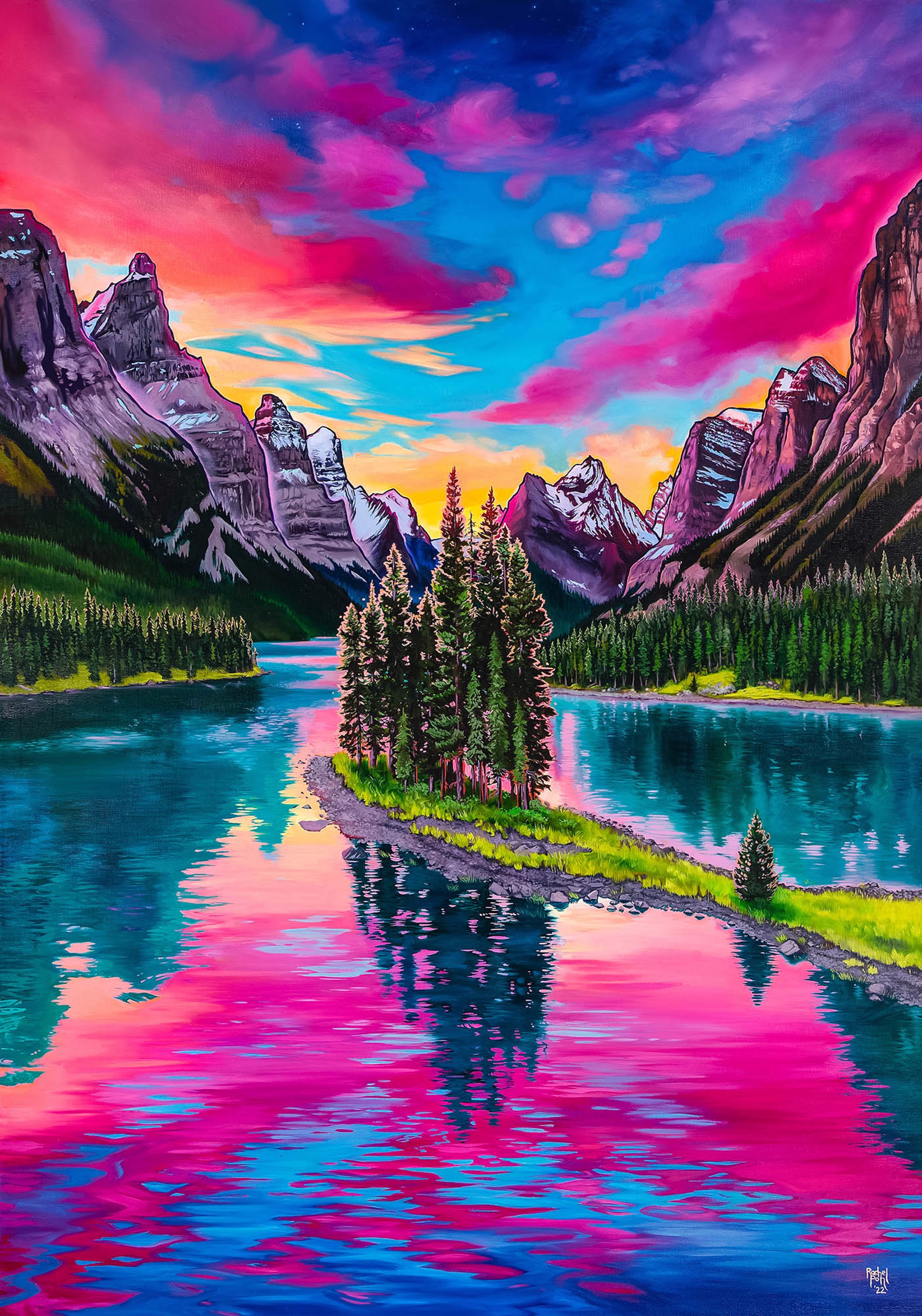 Vibrant Sunset With A Mountain Landscape Colors Reflecting In The Water