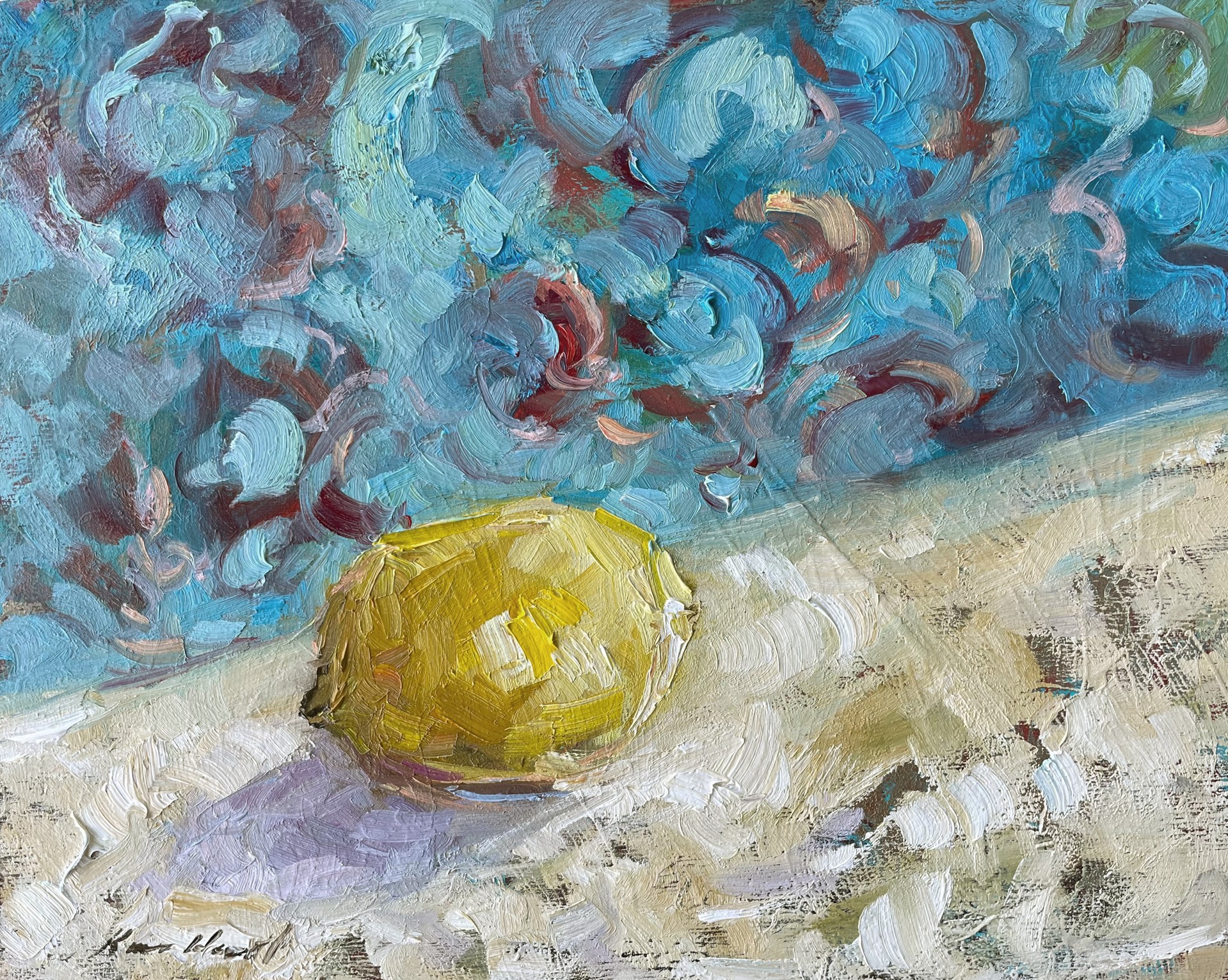 "Lemon with Mexican Napkin" original oil painting by Karen Hewitt Hagan