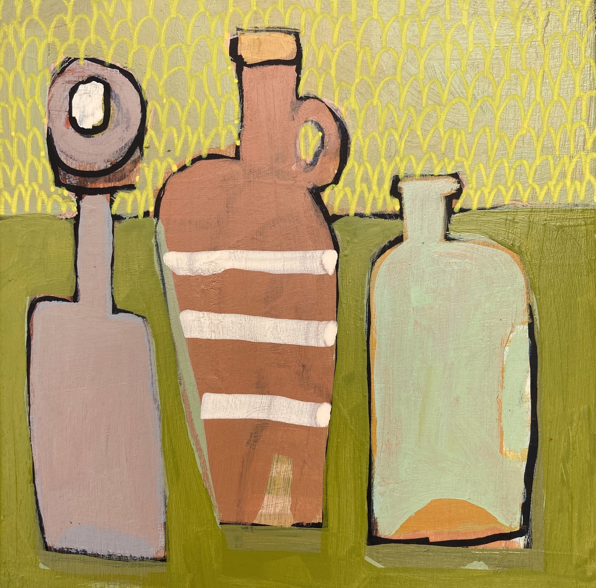 Three Bottles on Green Table by Rachael Van Dyke