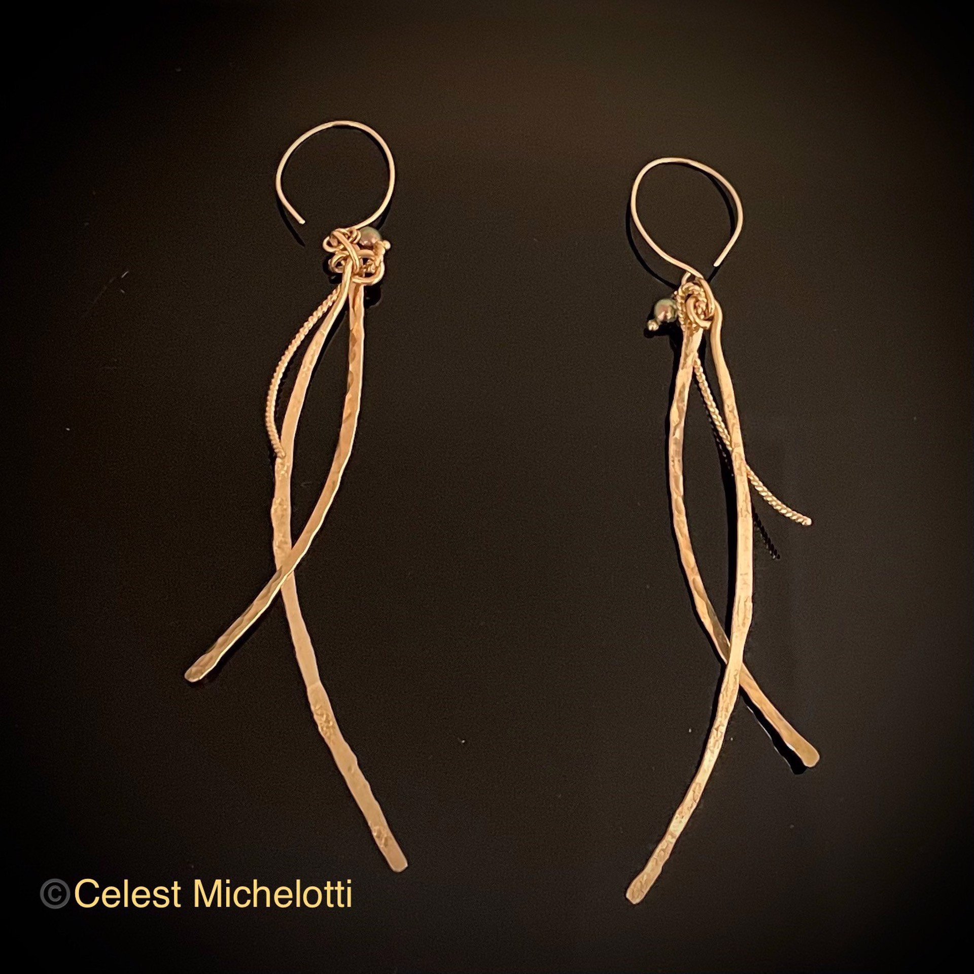 Fireworks, Earrings, 3 in., 14K Gold Filled, Black Pearls with Green and Plum Overtones. Hangs to Side by Celest Michelotti