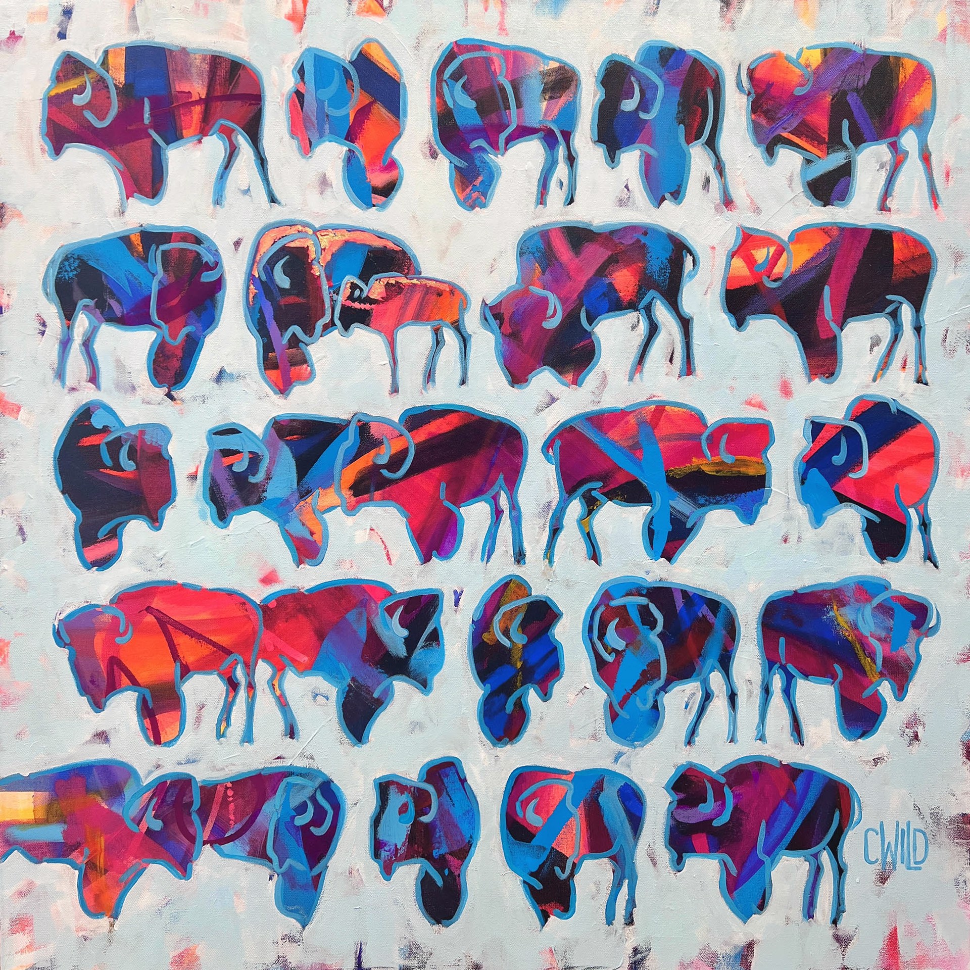Original Painting Featuring Colorful Bison Silhouettes Over Abstracted Blue Background
