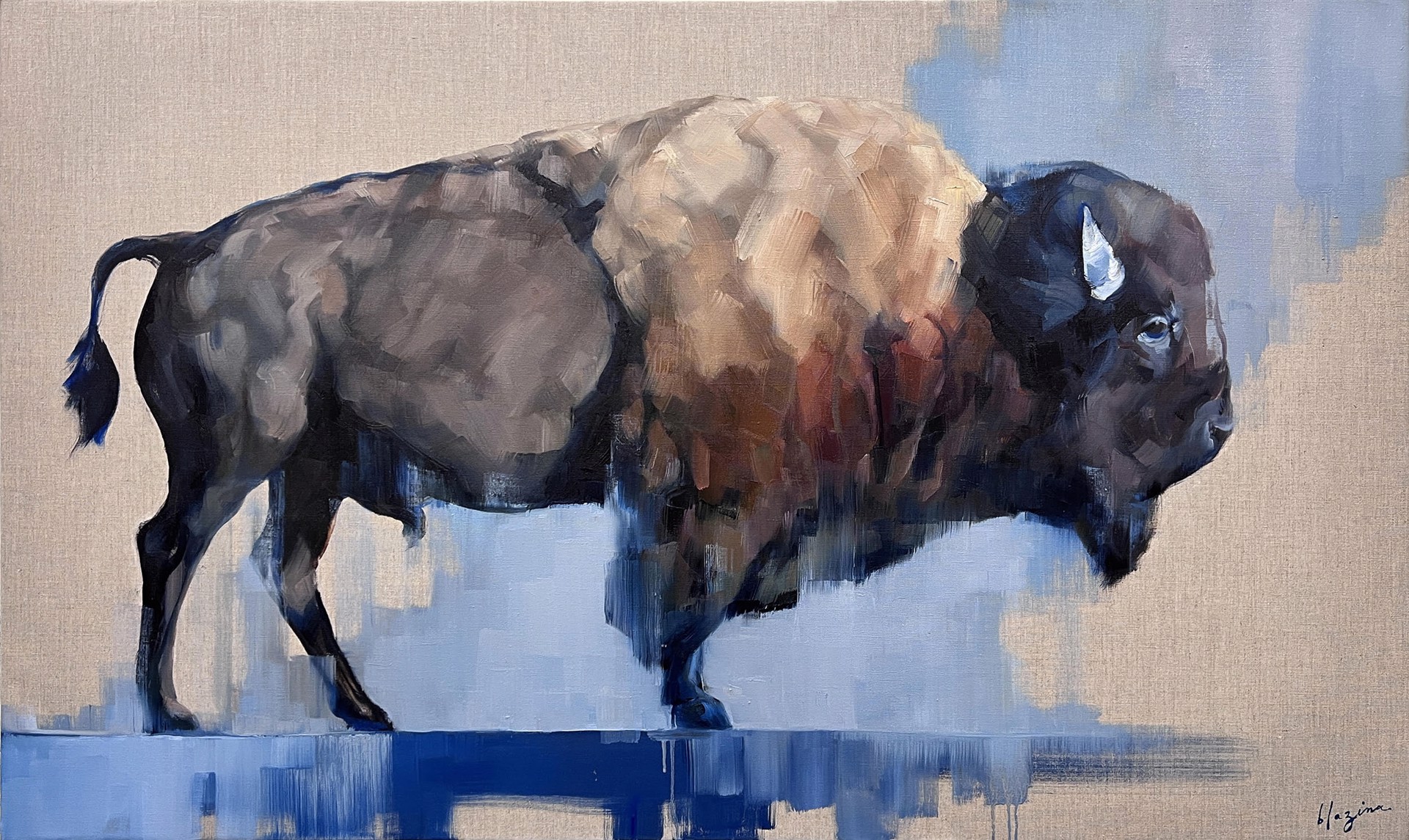 Original Oil Painting Featuring A Bison Walking In Profile With Blue Abstract Background And Exposed Linen