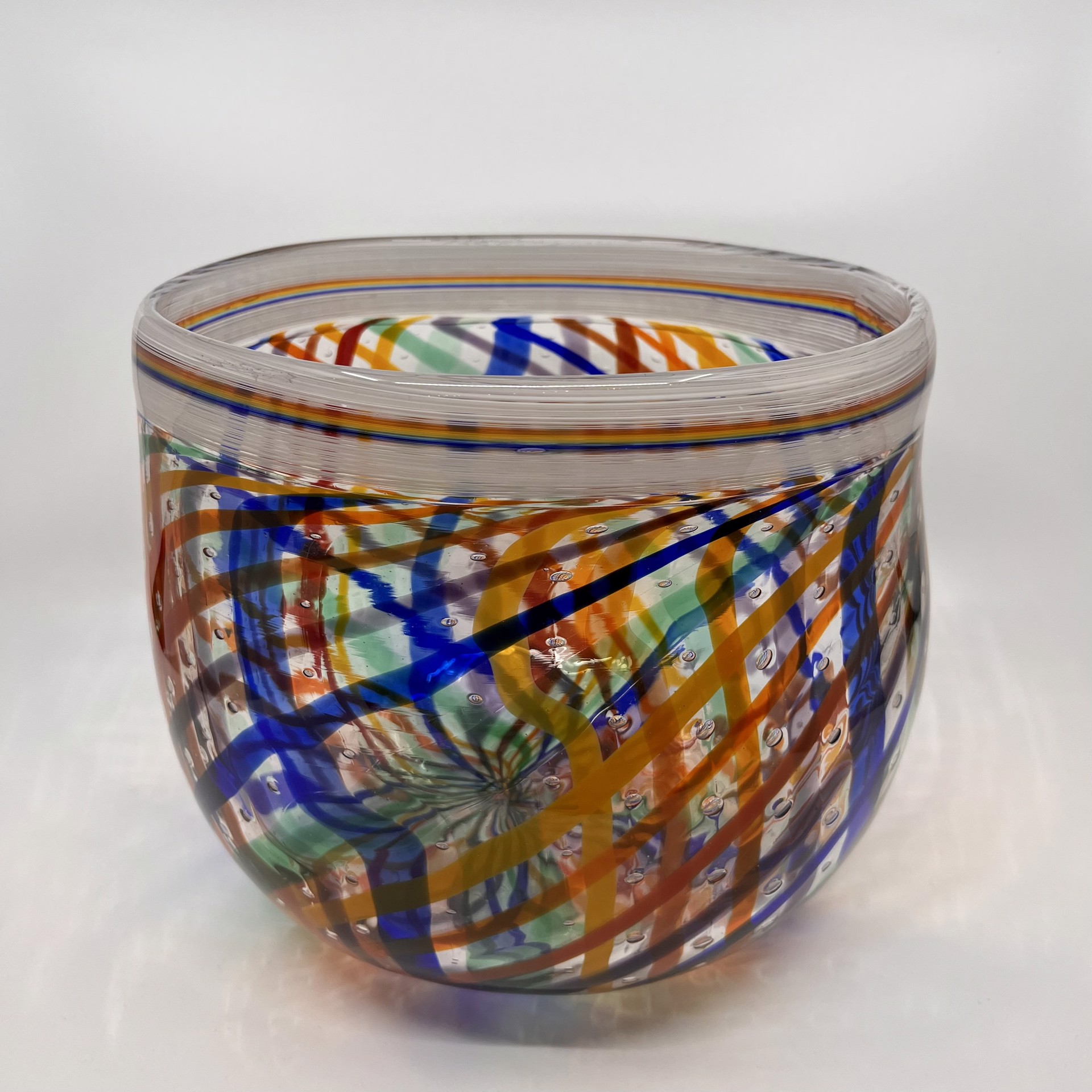 Large Glass Bowl w/Multi Color Plaid and Double White Rim by John Glass