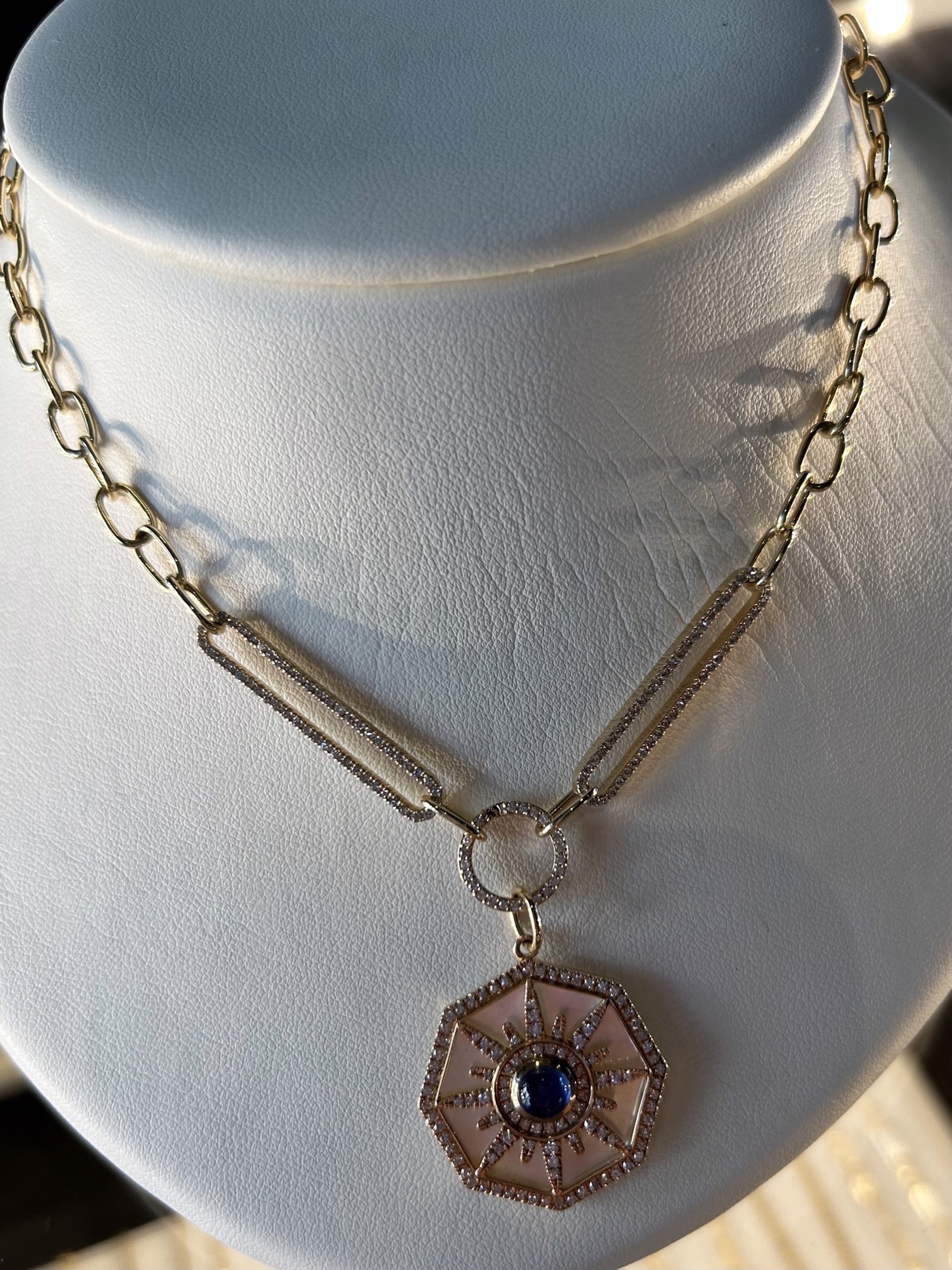 KB-P1 14k Gold diamond, sapphire, and pearl circle pendant by Karen Birchmier