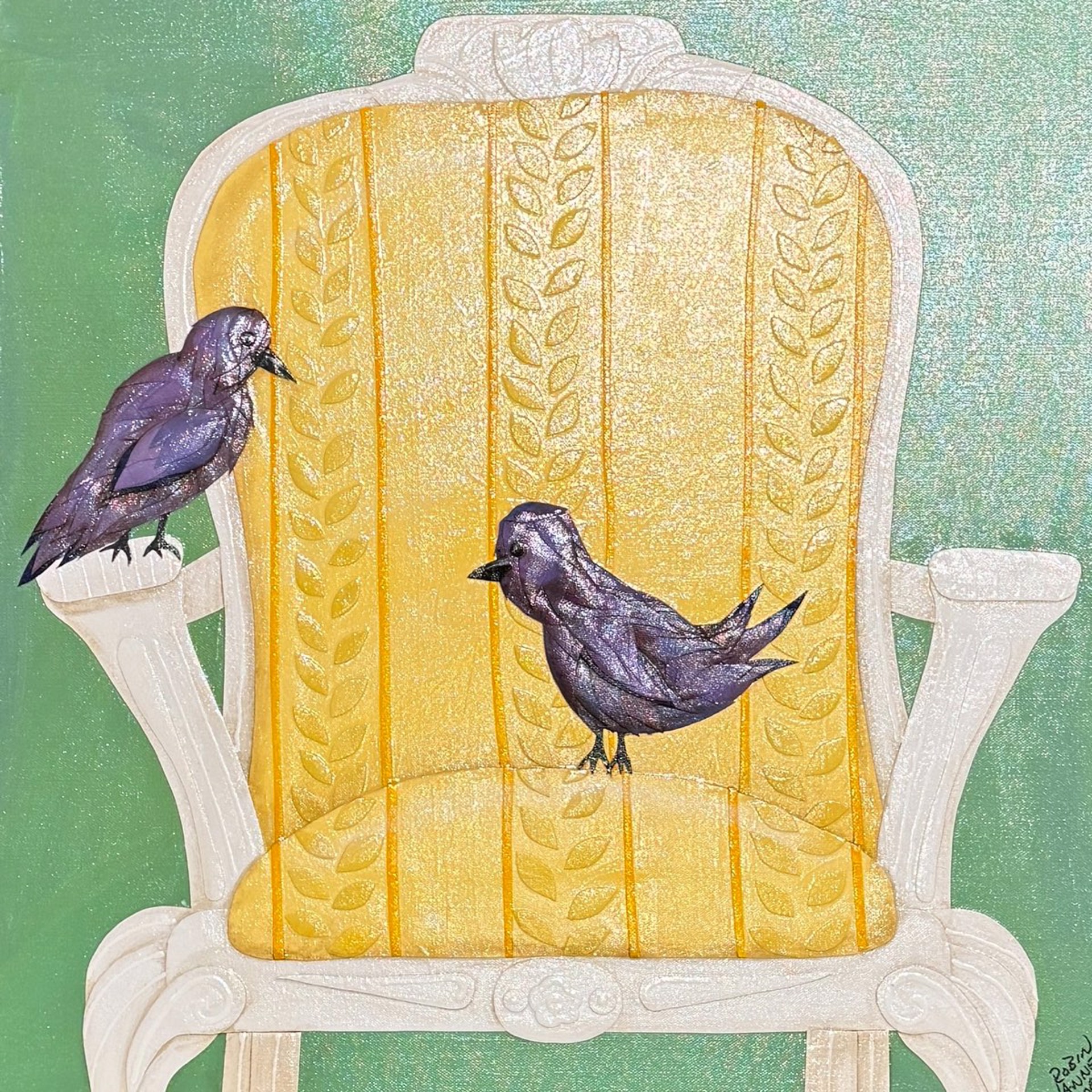 Purple Martins Visit on Ornate Yellow Chair by Robin Cooper