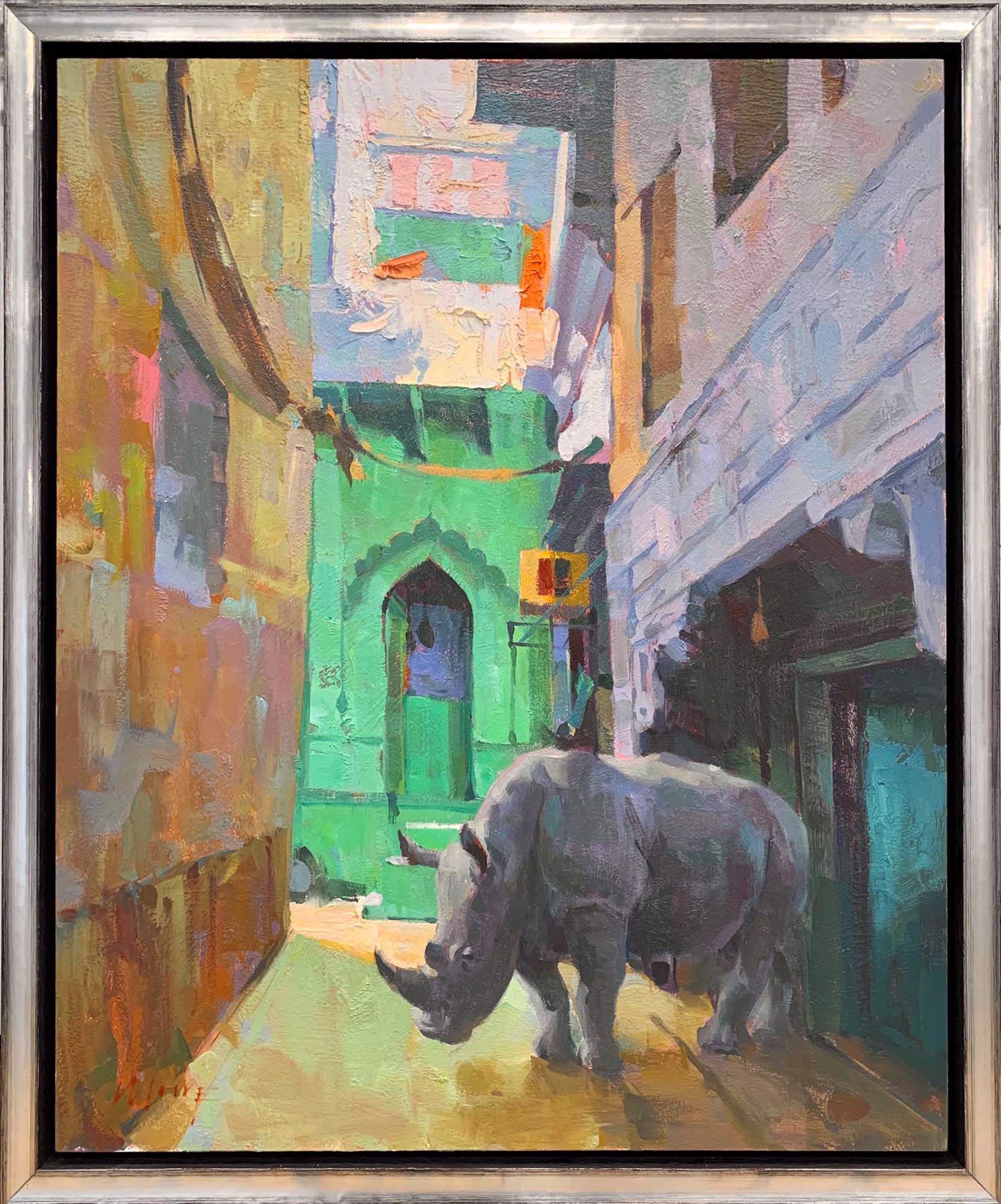 A Rhino Stands In A Brightly Colored Narrow Alley In India, Abstract Original Oil Painting By Larry Moore