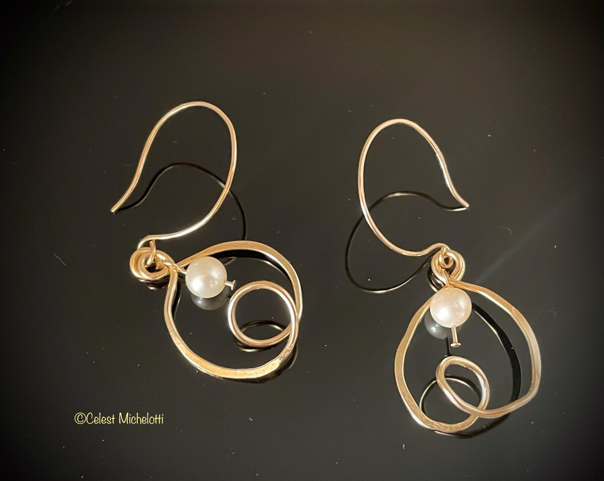 Soft Spirals Earrings, White Pearls, 1 in., Bottom Loop by Celest Michelotti