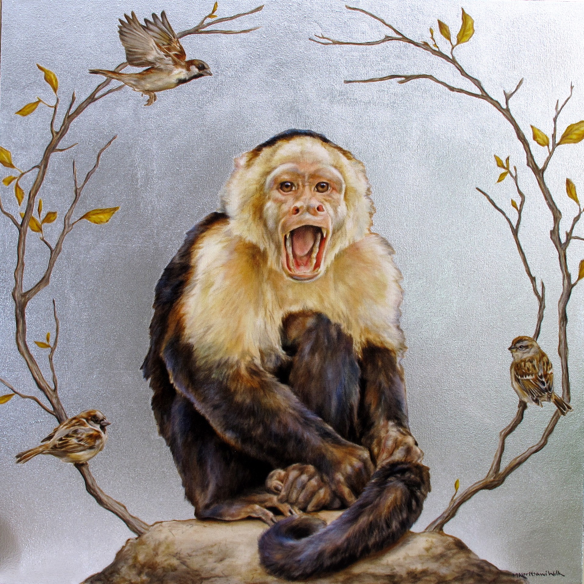 Astonished Capuchin monkey in oil on canvas with silver leaf accents by Michele Kortbawi Wilk titled 'Monkey Shock,' with sparrows and bare branches.