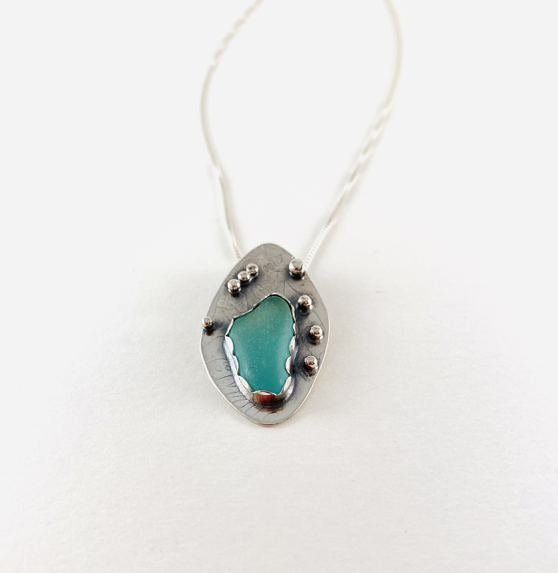 Silver and Sea Glass Pendant on  Silver Box Chain; #102 by Anne Bivens