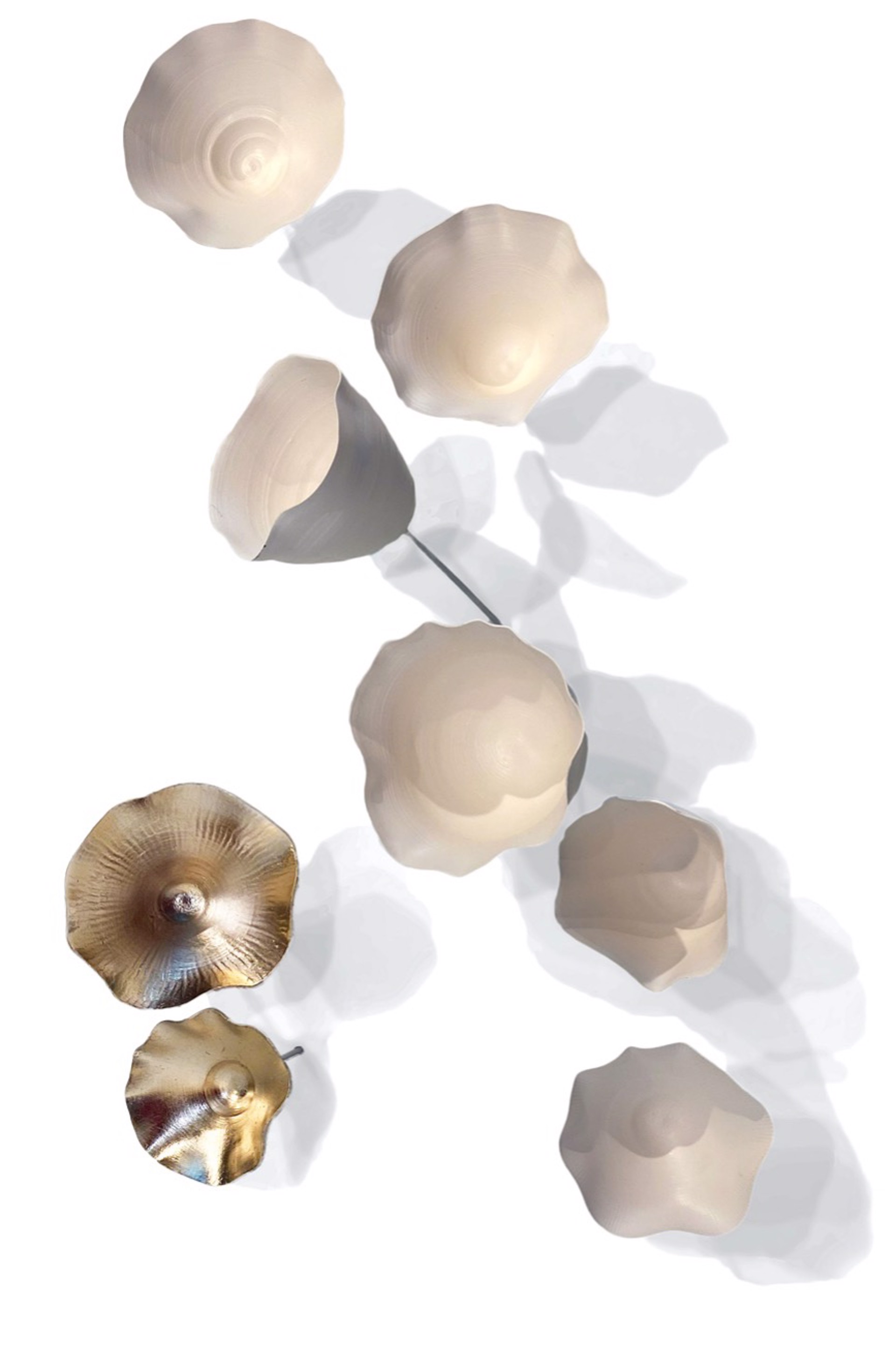 Lucrecia Waggoner Porcelain Wall Installation Custom Artwork Lucrecia Waggoner What Keeps You Dreaming?, 2021 Polished porcelain tulips and moon-gold6 x 13.50 ft
