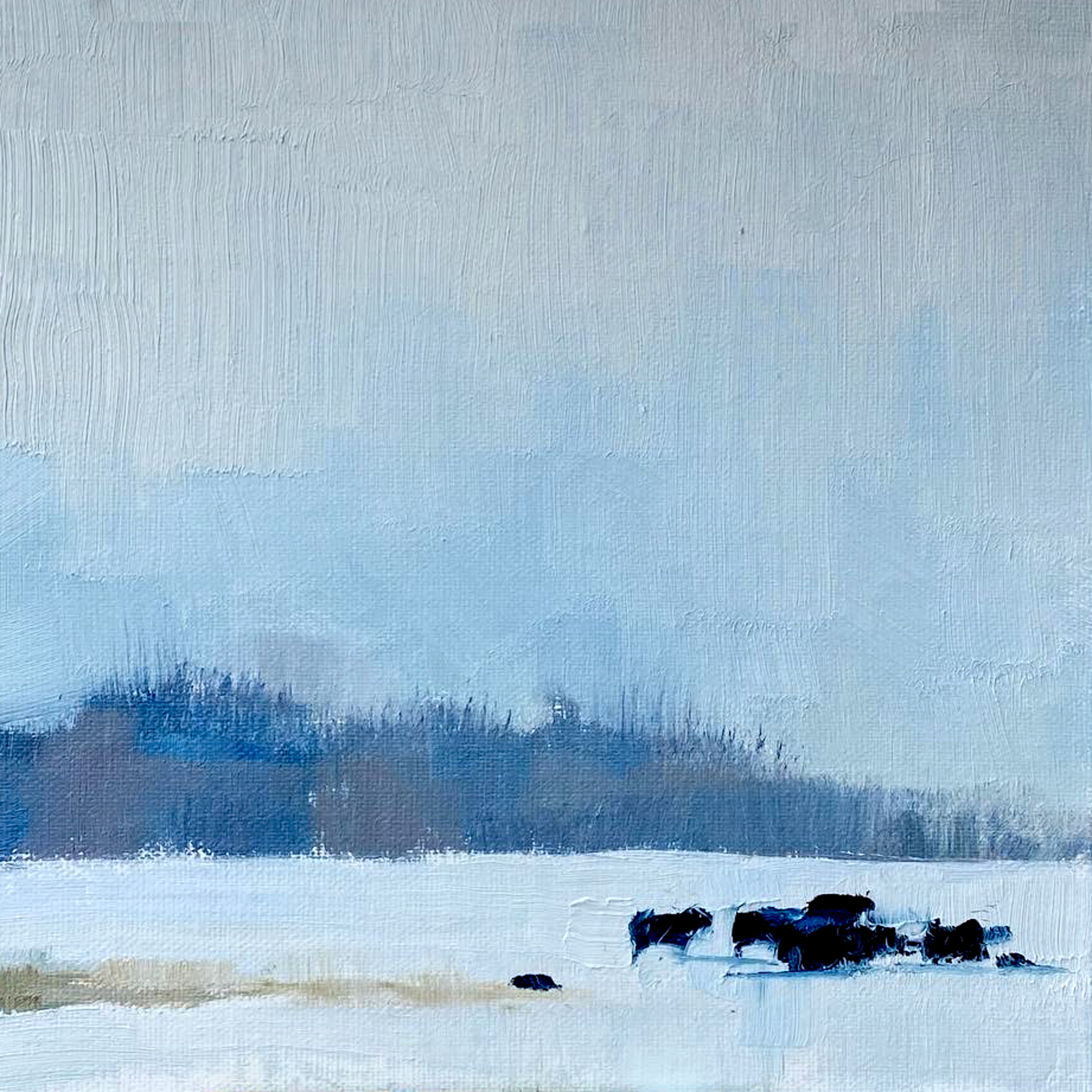 A Small Contemporary Abstract Oil Painting Of A Snow Covered Field With Black Cattle Gathered, By Amber Blazina, Available At Gallery Wild