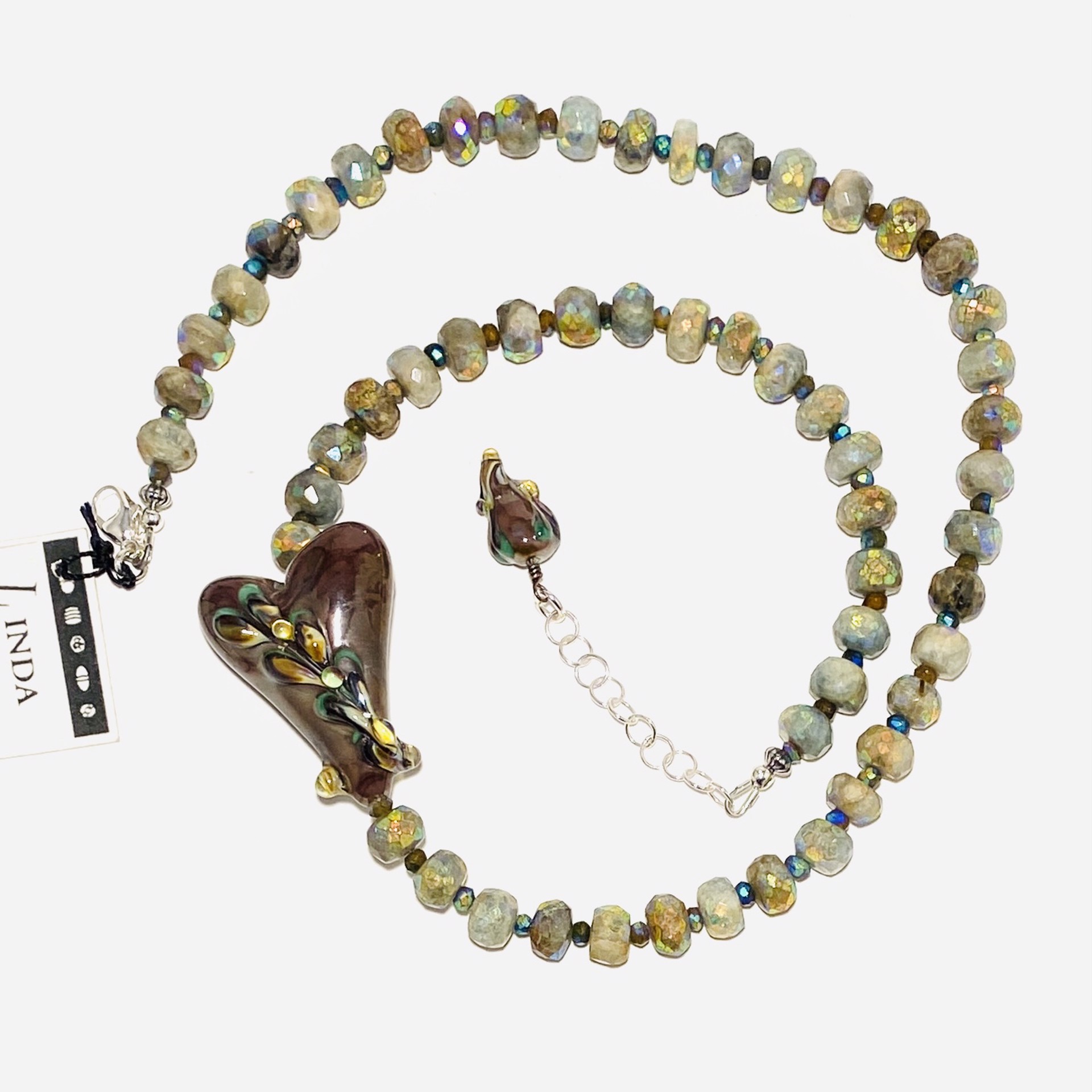 LS23-10A Offset Plum  Heart with Feather Semi Precious Bead Necklace by Linda Sacra