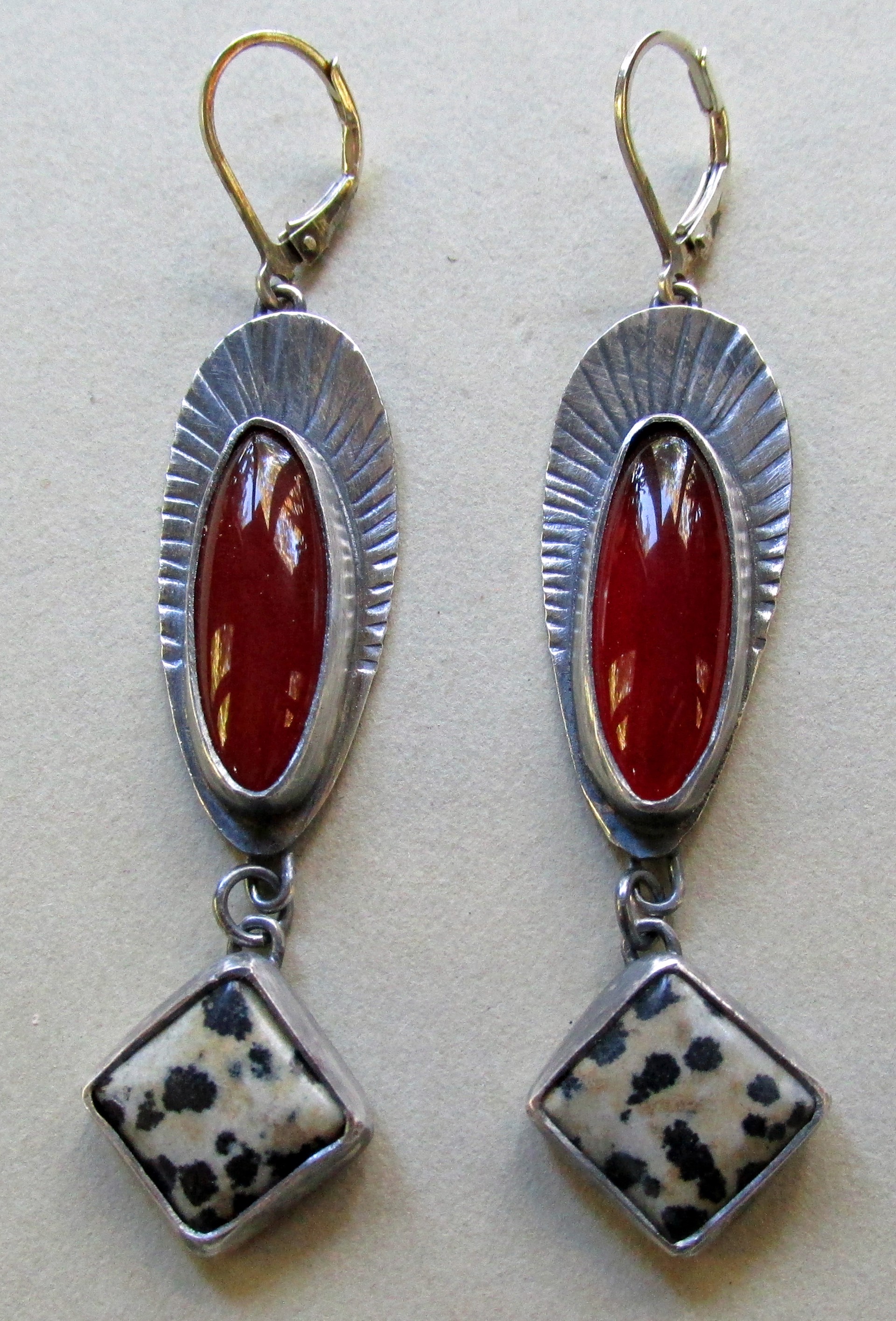 Carnelian, Dalmatian Jasper, and Sterling Silver Earrings by Anne Rob