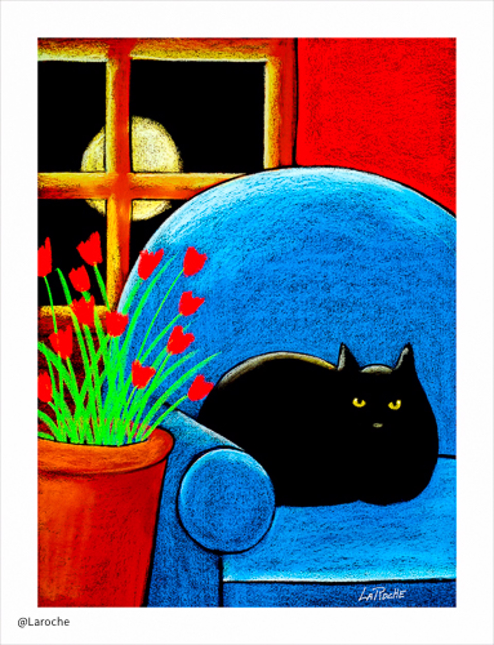 Black Cat in Blue Chair by Carole LaRoche