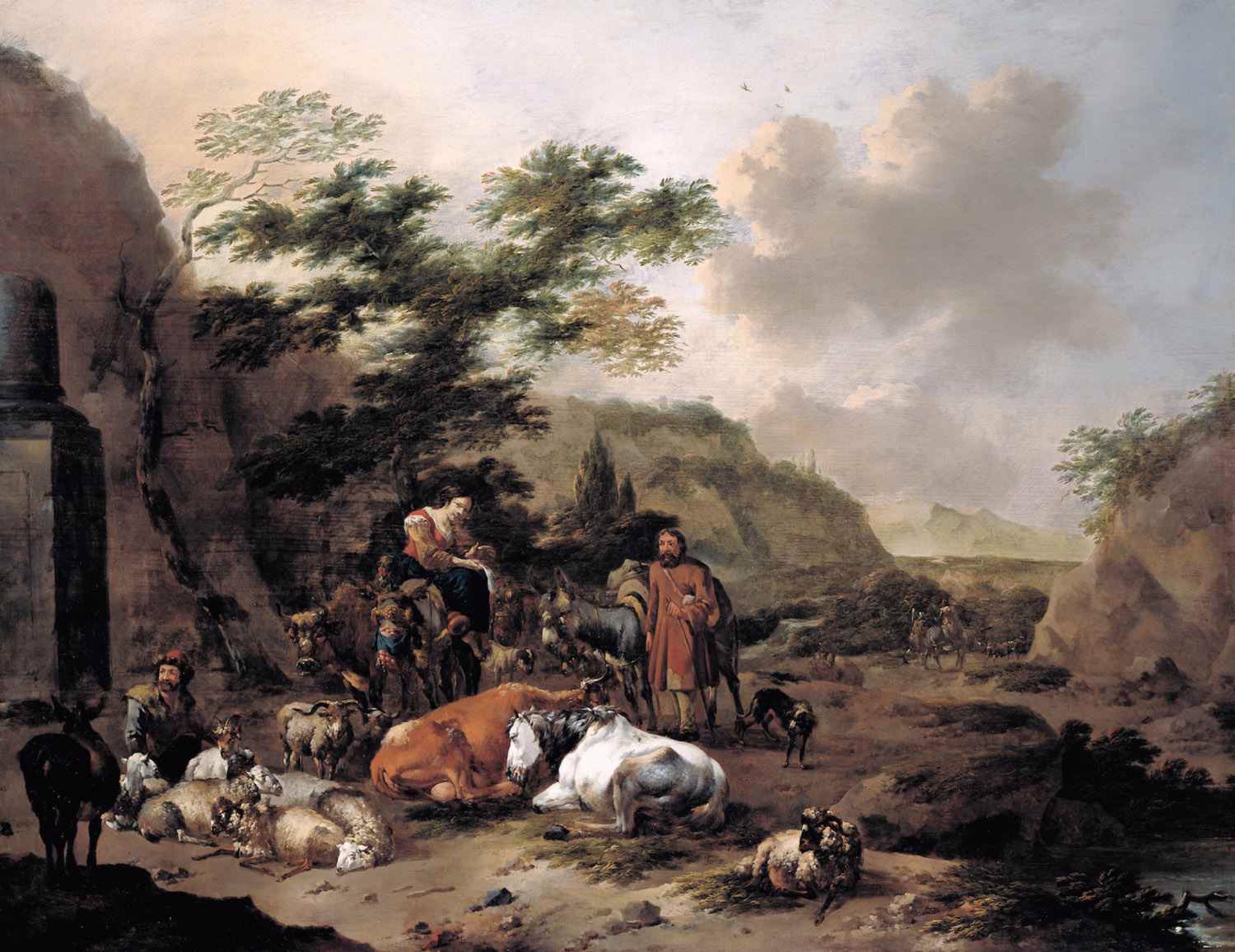 Shepherds with their Flocks in a Hilly Landscape by Jan Frans Soolmaker