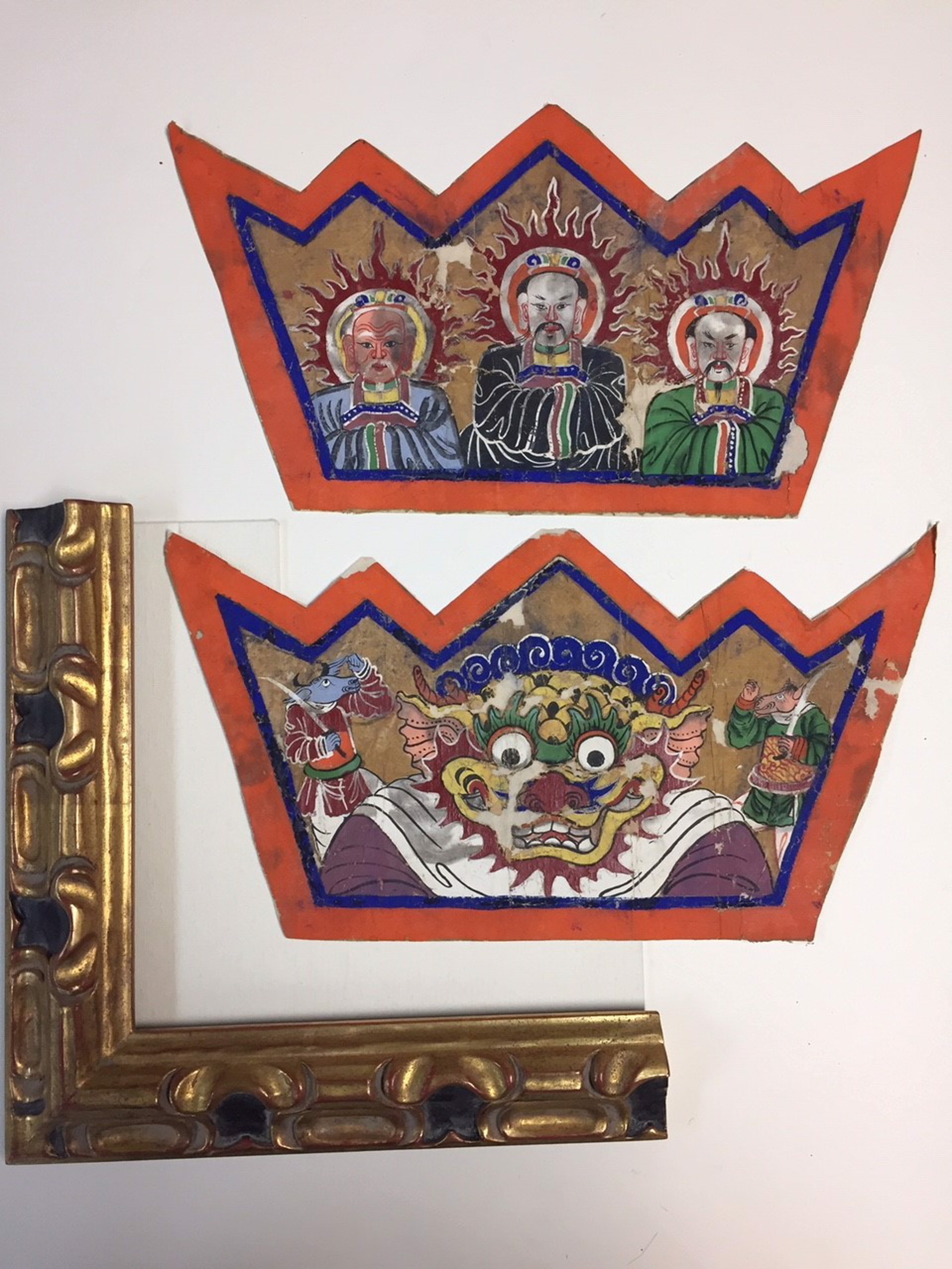 Custom Framing | two painted cloth crowns with three spirits and dragon