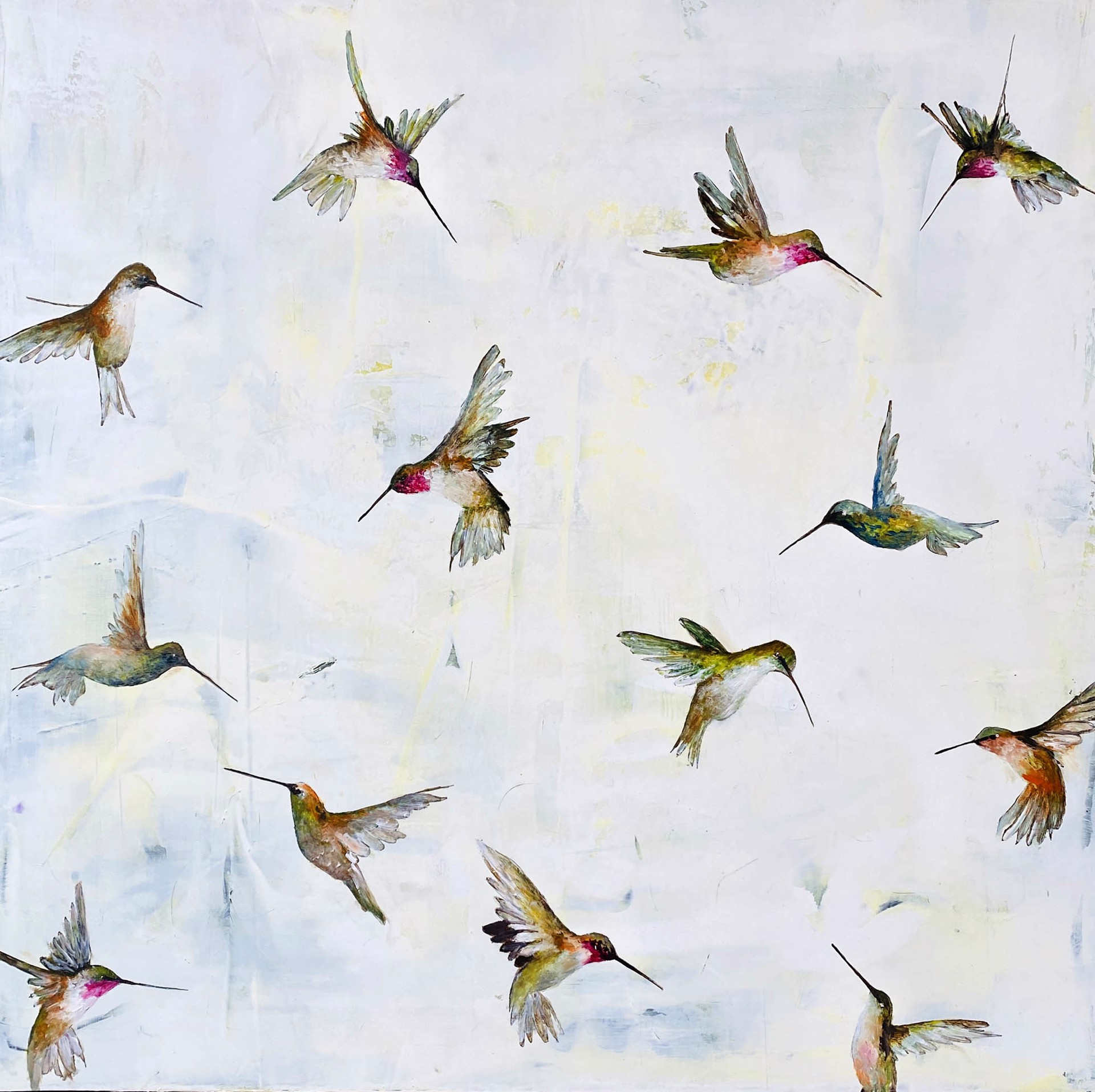 Original Oil Painting Featuring Spaced Out Hummingbirds In Flight Over Abstract Blue Gray Background