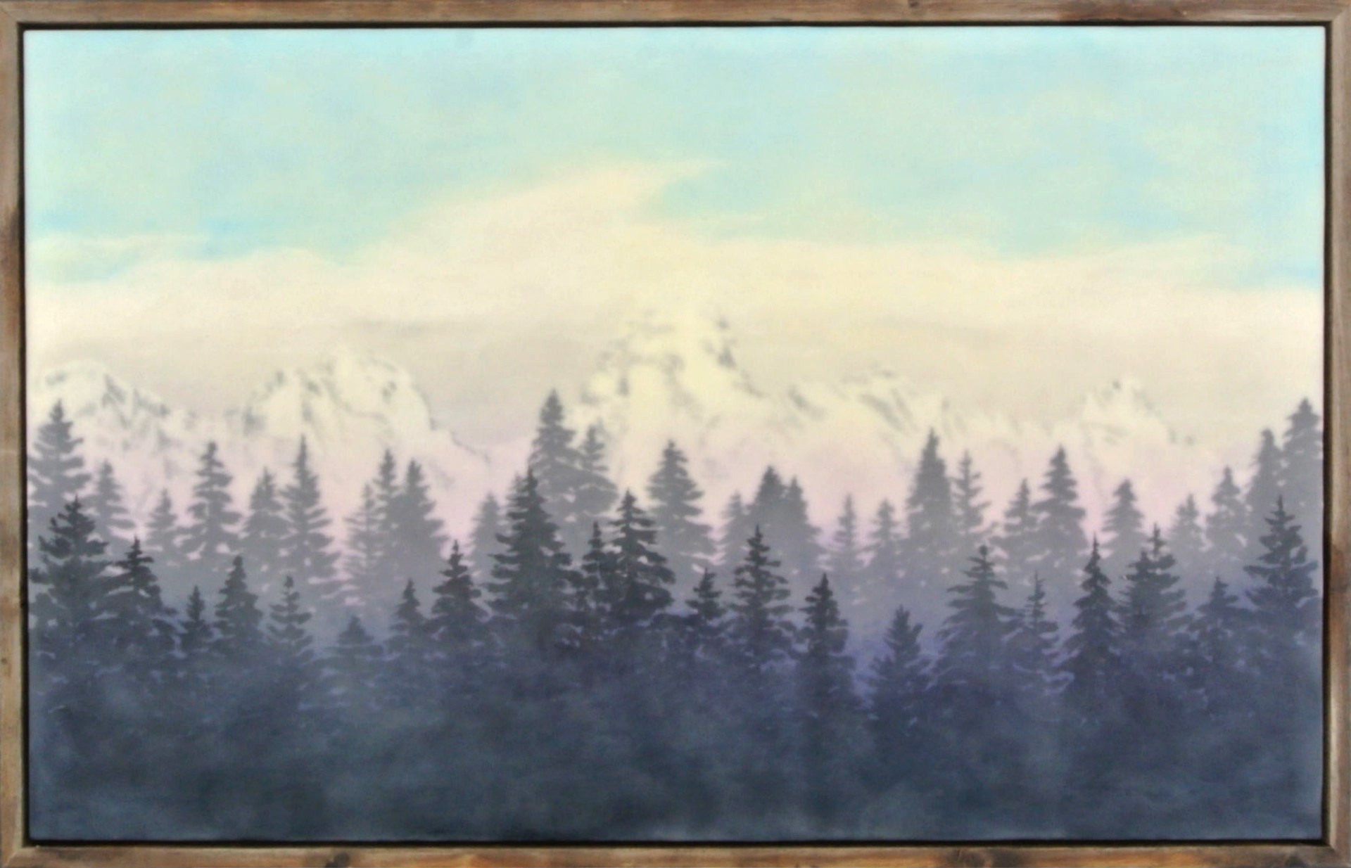 A Beautiful Contemporary Encaustic Painting By Bridgette Meinhold Featuring The Grand Teton Range With Trees In The Foreground, Available At Gallery Wild