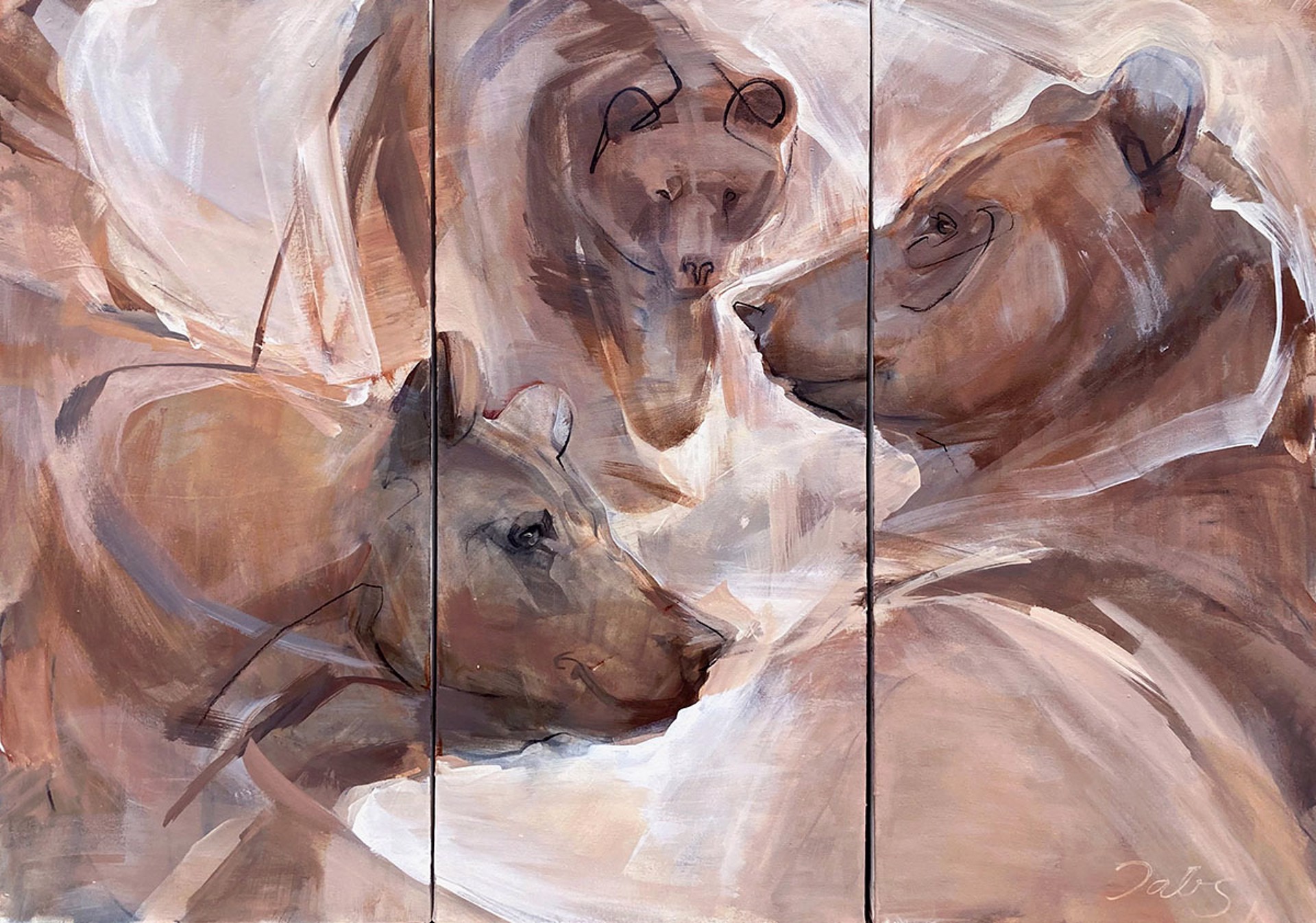 Original Acrylic Painting By Taryn Boals Featuring Three Bears In Gestural Strokes