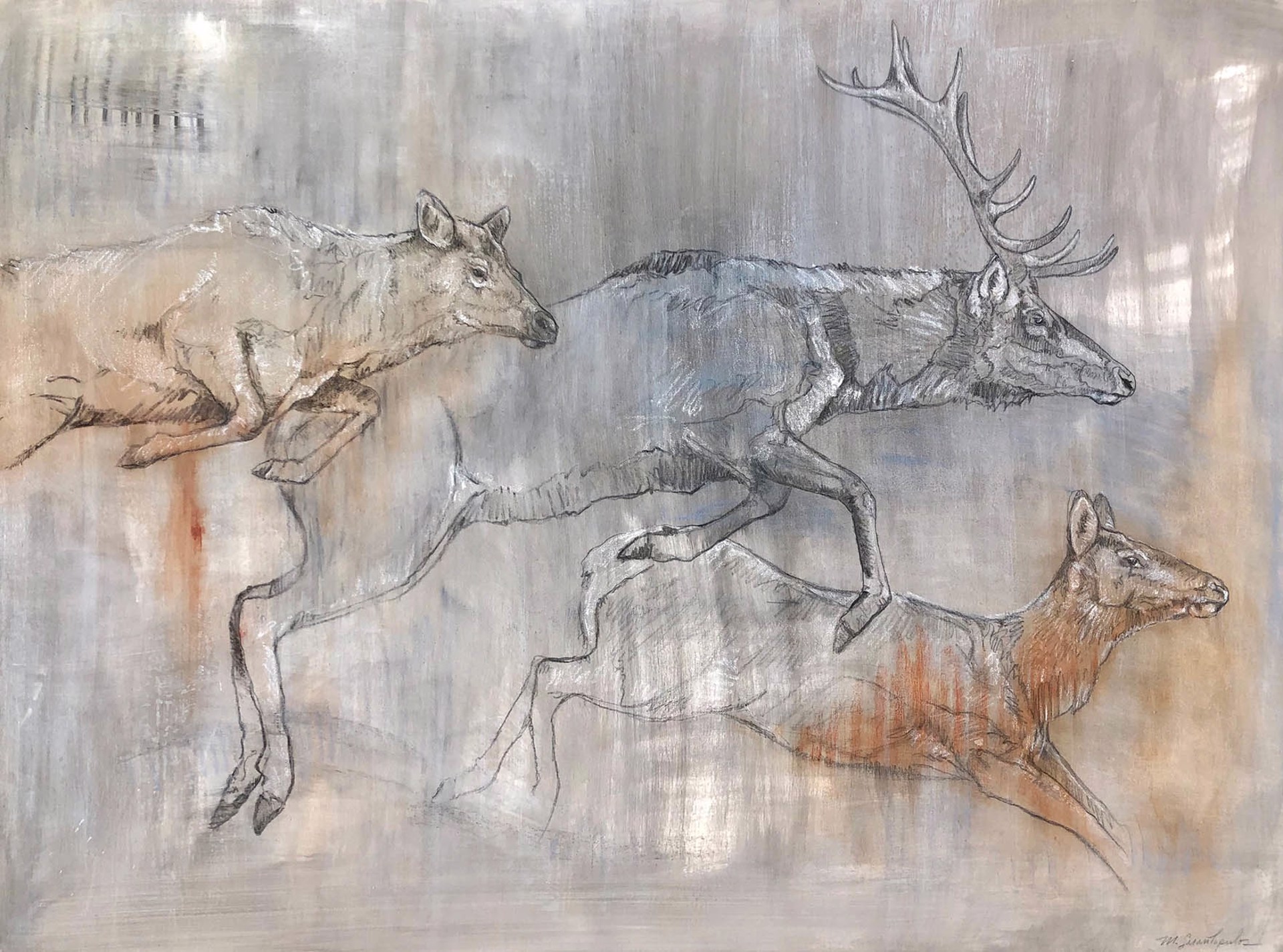 Original Mixed Media Artwork Featuring Running Elk Sketched Onto Abstract Grey Background