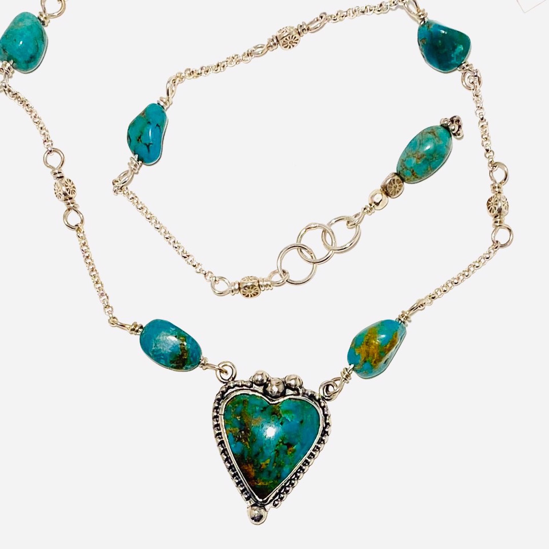 AB23-43 American Turquoise Heart Focal 18”Link and Turquoise Chain  Necklace by Anne Bivens
