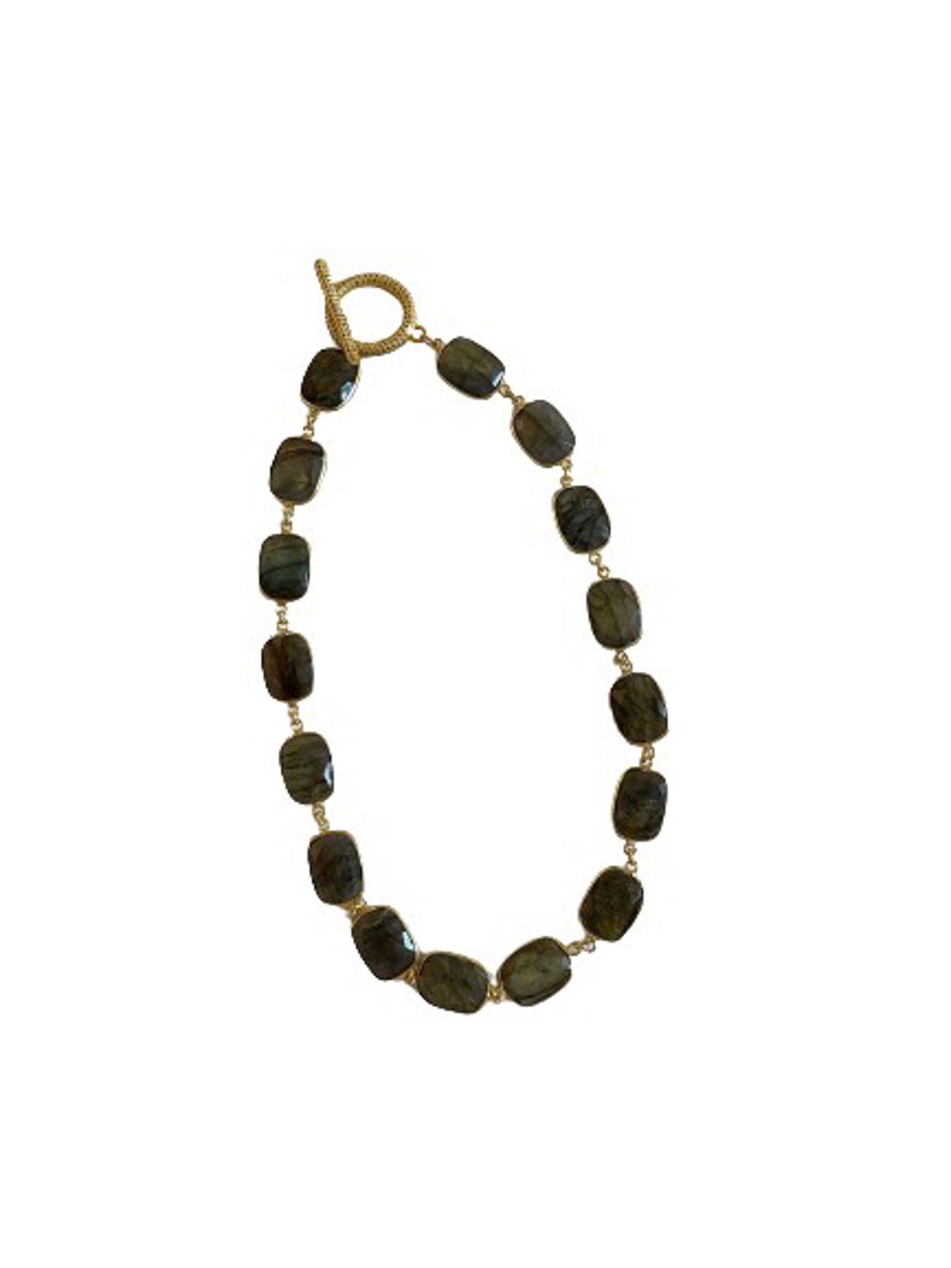 Gold Vermeil and Labradorite Rectangle Shaped Bezel Necklace with Large Gold Vermeil Pave Diamond Toggle Clasp by Karen Birchmier