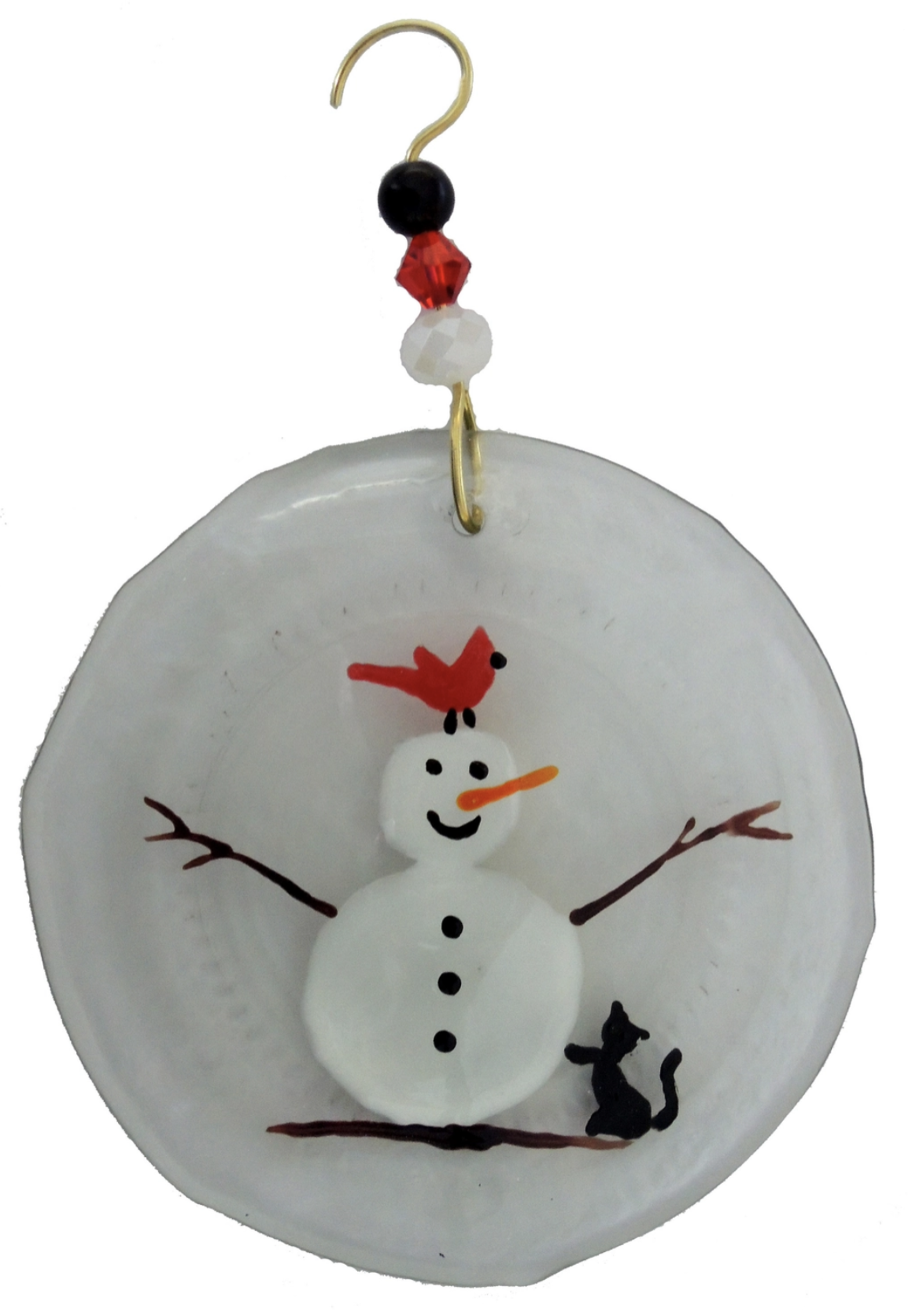 Ornament - Snowman, Redbird & Cat by Wine Bottle Art