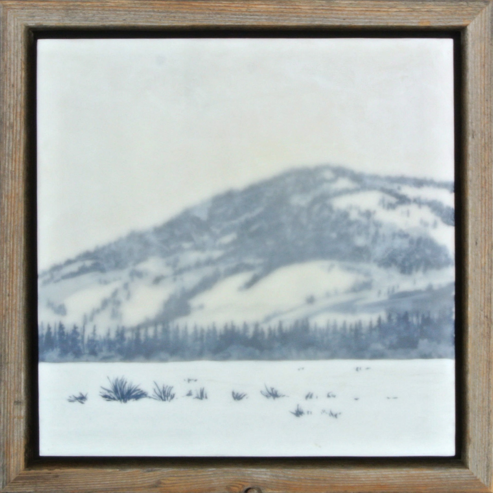 A Soft Encaustic Painting By Bridgette Meinhold Featuring A Snowy Mountain Landscape With Mountains And Sagebrush, Available At Gallery Wild