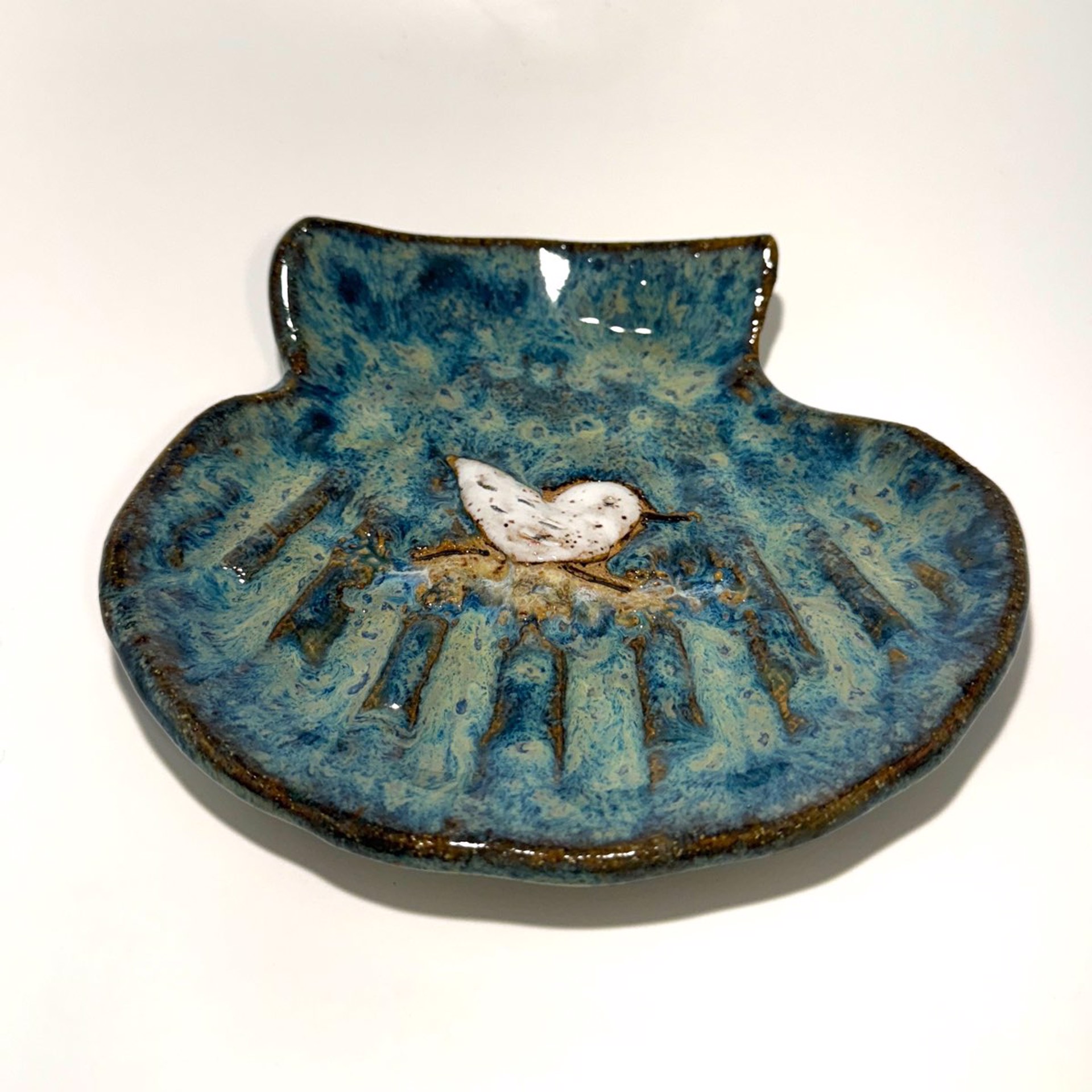 Shell Dish with Sandpiper (Blue Glaze) LG24-1231 by Jim & Steffi Logan