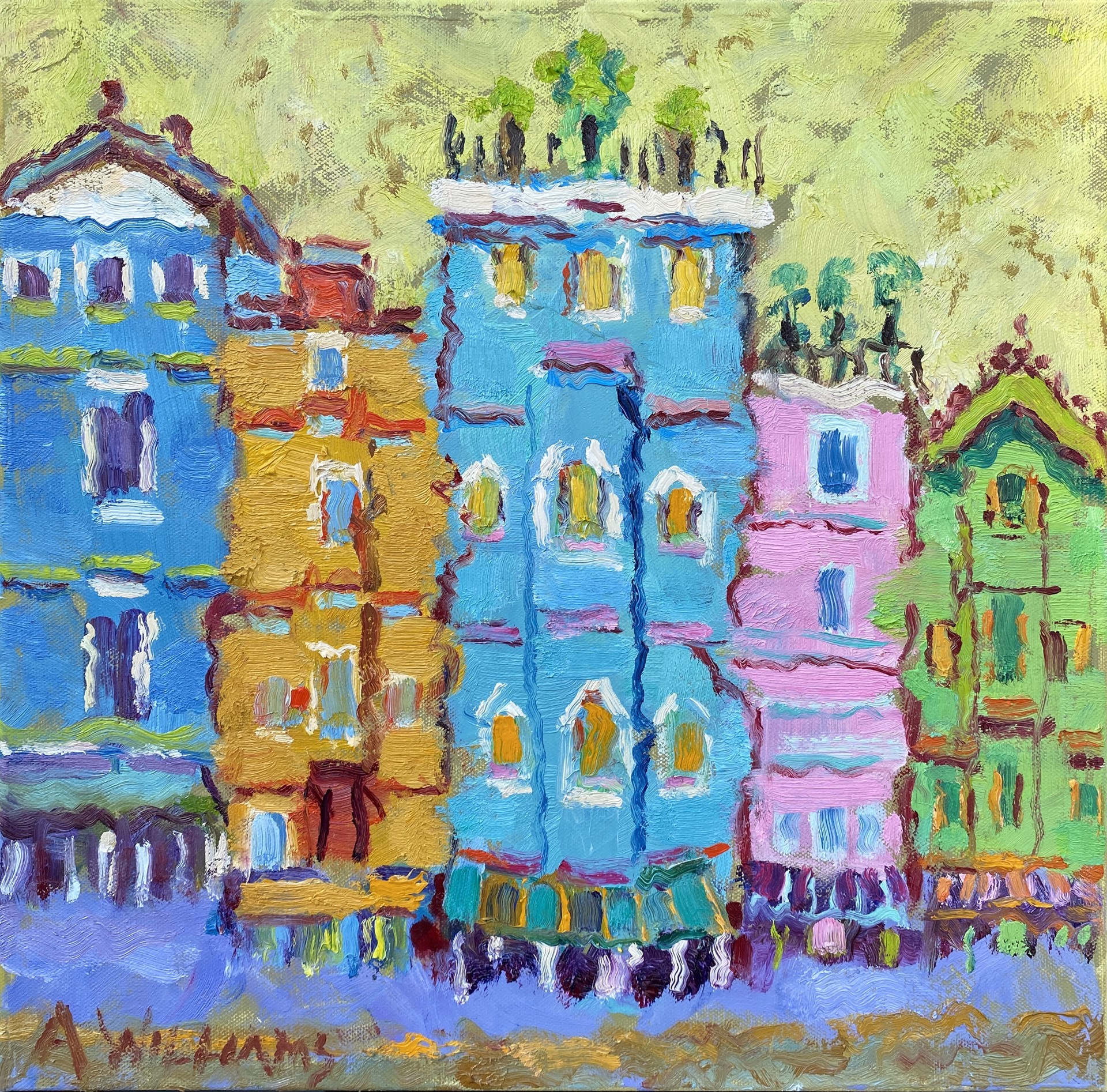 "Five Charming Houses" original oil painting by Alice Williams