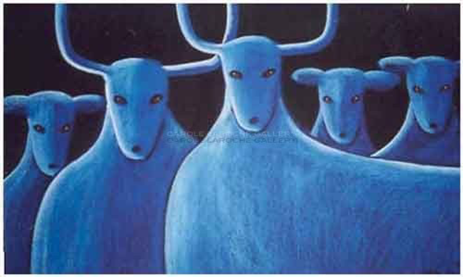 FIVE BLUE DEER - limited edition giclee on canvas (large) 40"x54" $3700 or (medium) 30"x40" $2400 or on paper w/frame size of: (large) 40"x54" $3700 or (medium) 30"x40" $2400 by Carole LaRoche