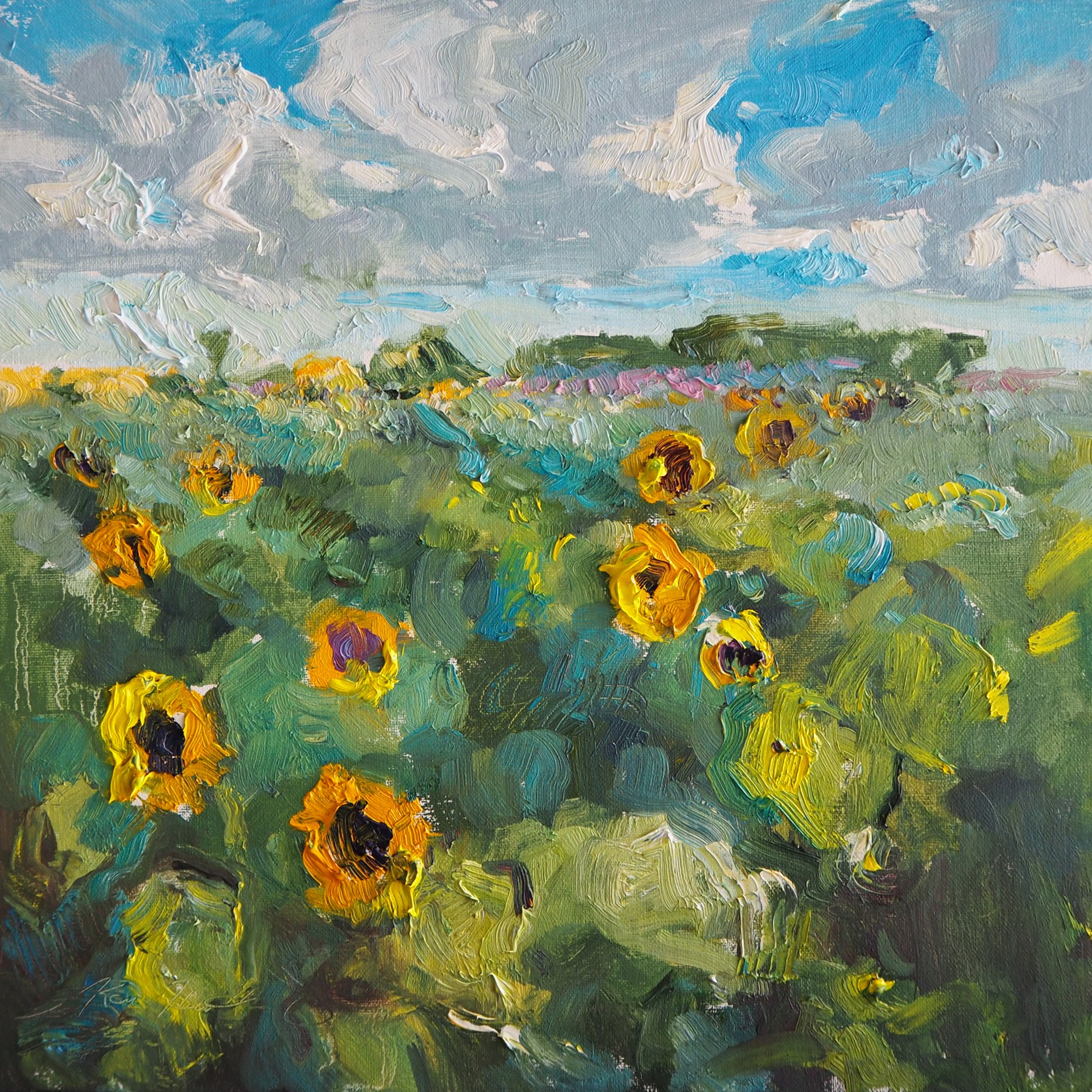 "Long Sunflower Fields" Original oil painting by Karen Hewitt Hagan